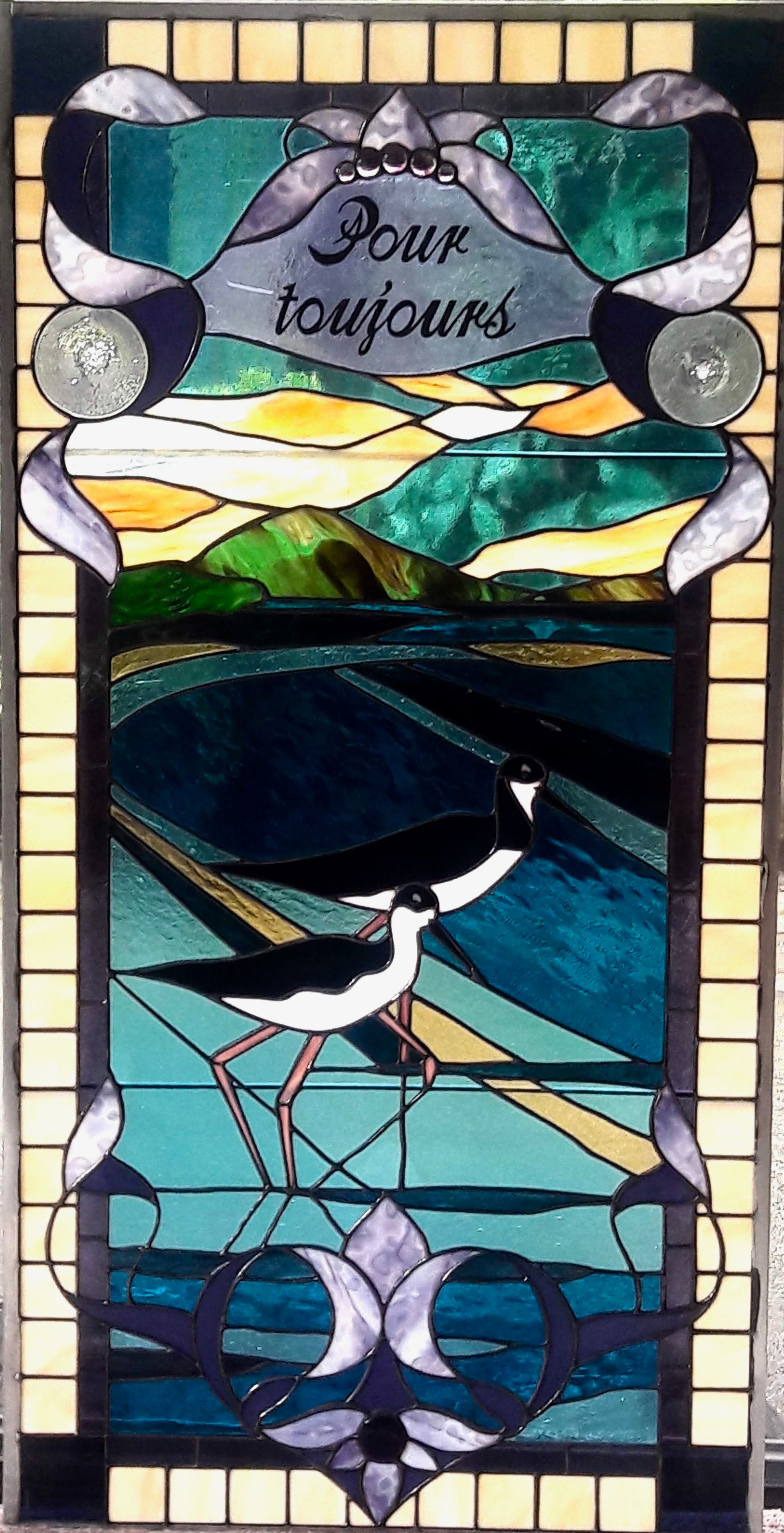 Tropical Victorian Stained Glass Bay Window with Hand Painted Inscription - Ae`O At Maunalua Bay, Sunrise 2