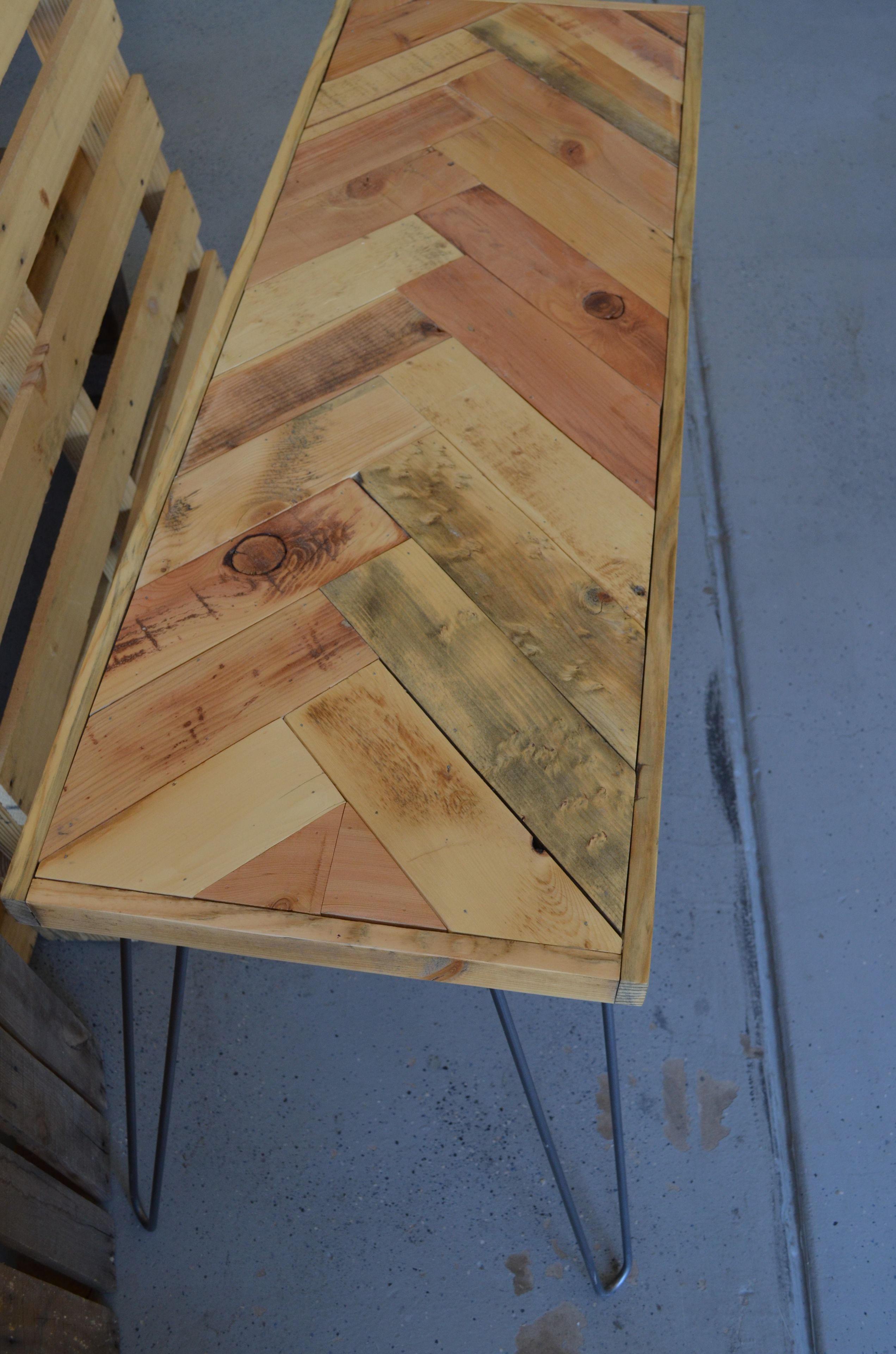 Handcrafted Pallet Herringbone Console Table With Midcentury Hairpin Legs 5