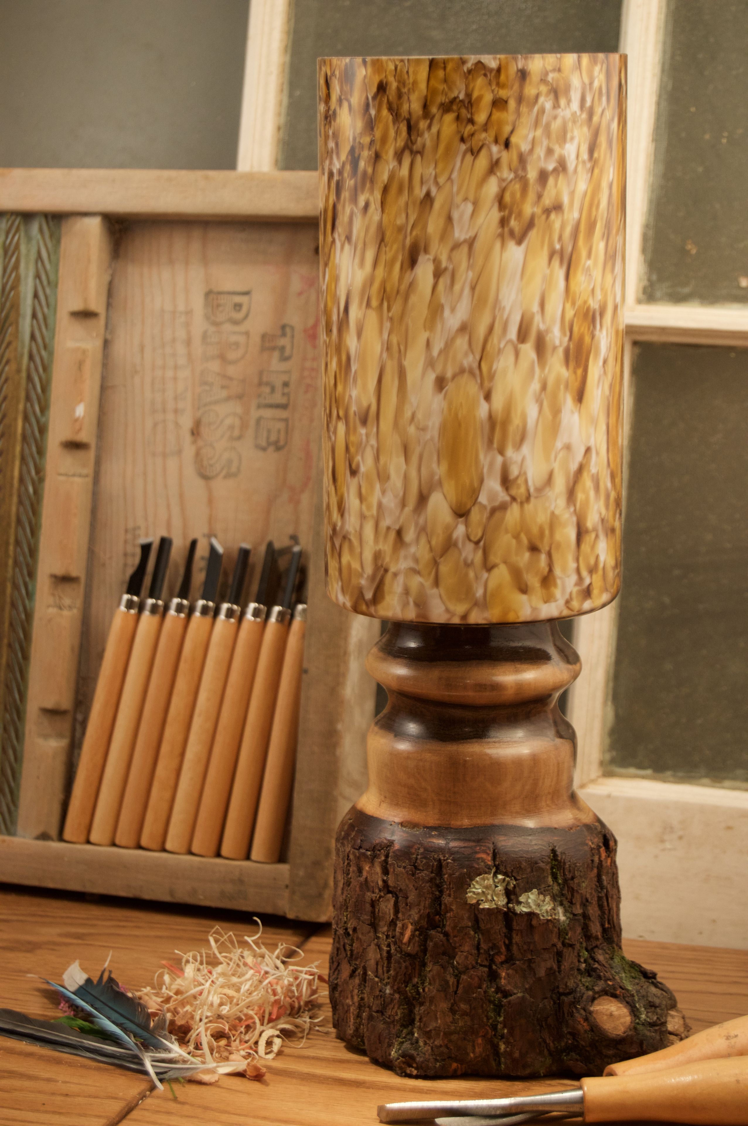 Walnut With Bark On And River Rock Columnar Glass Shade 5 