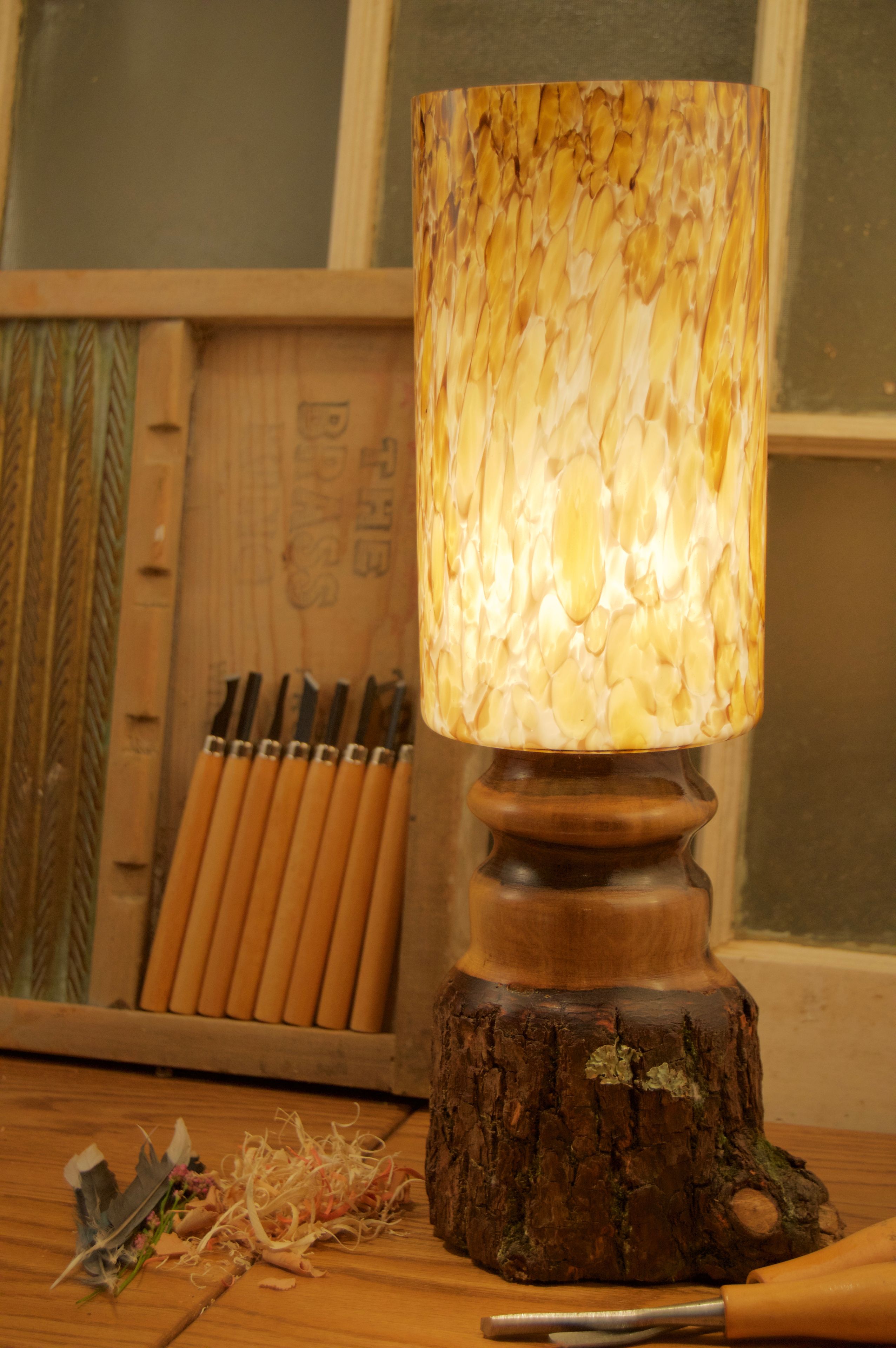 Walnut With Bark On And River Rock Columnar Glass Shade 2 