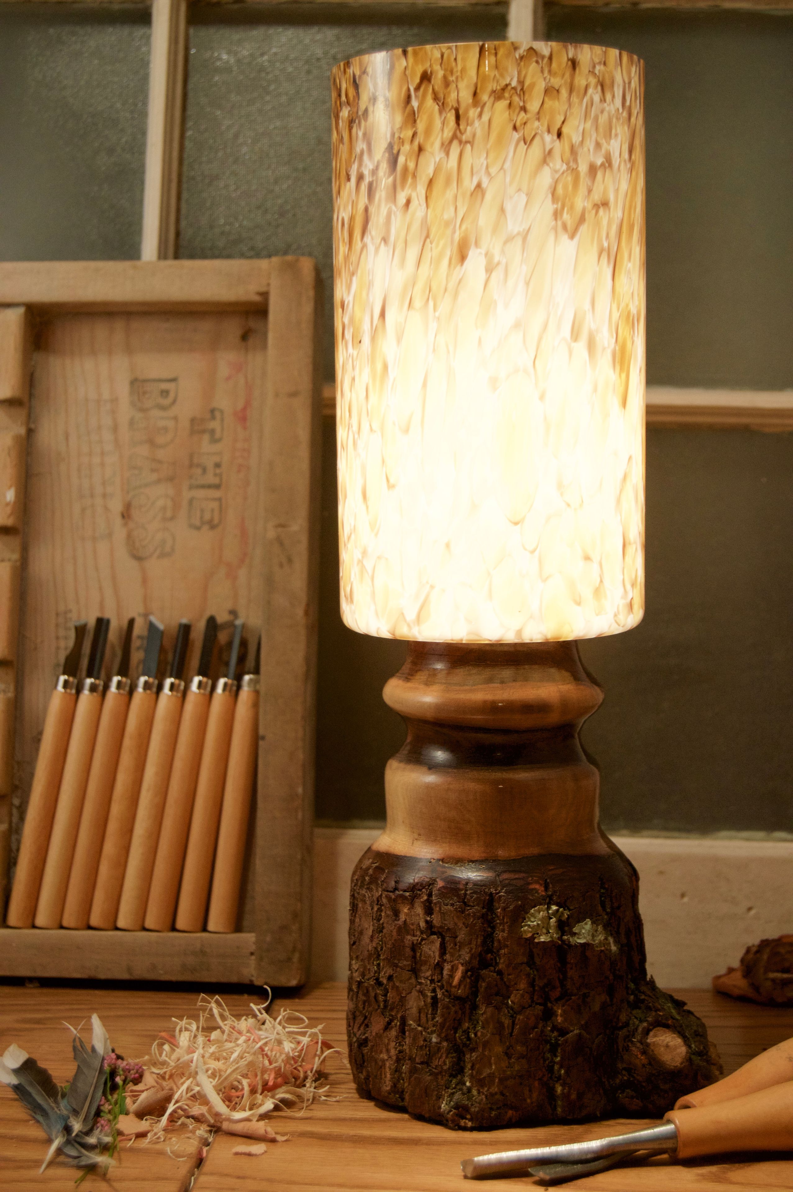 Walnut With Bark On And River Rock Columnar Glass Shade 6 