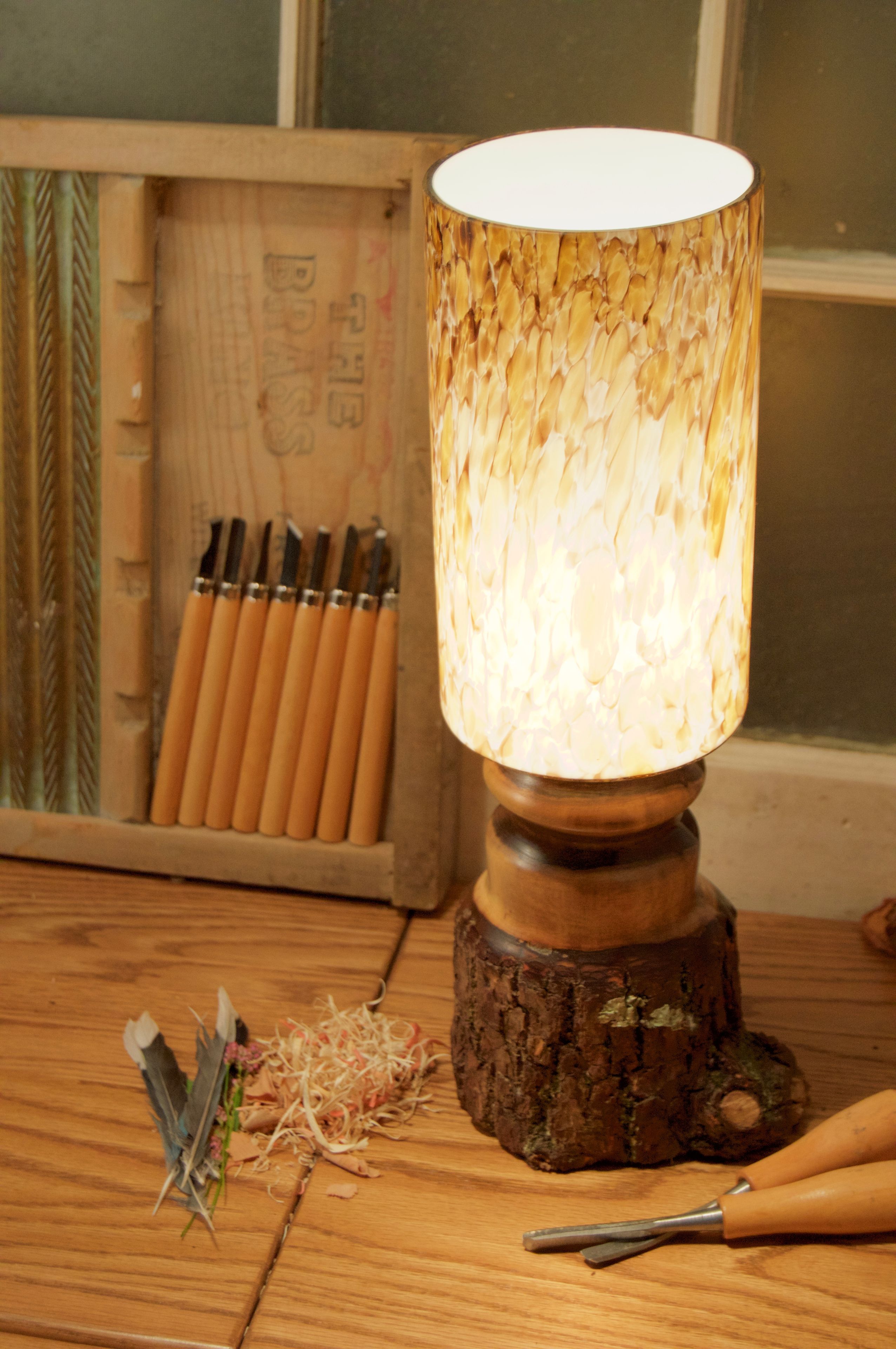 Walnut With Bark On And River Rock Columnar Glass Shade 4 