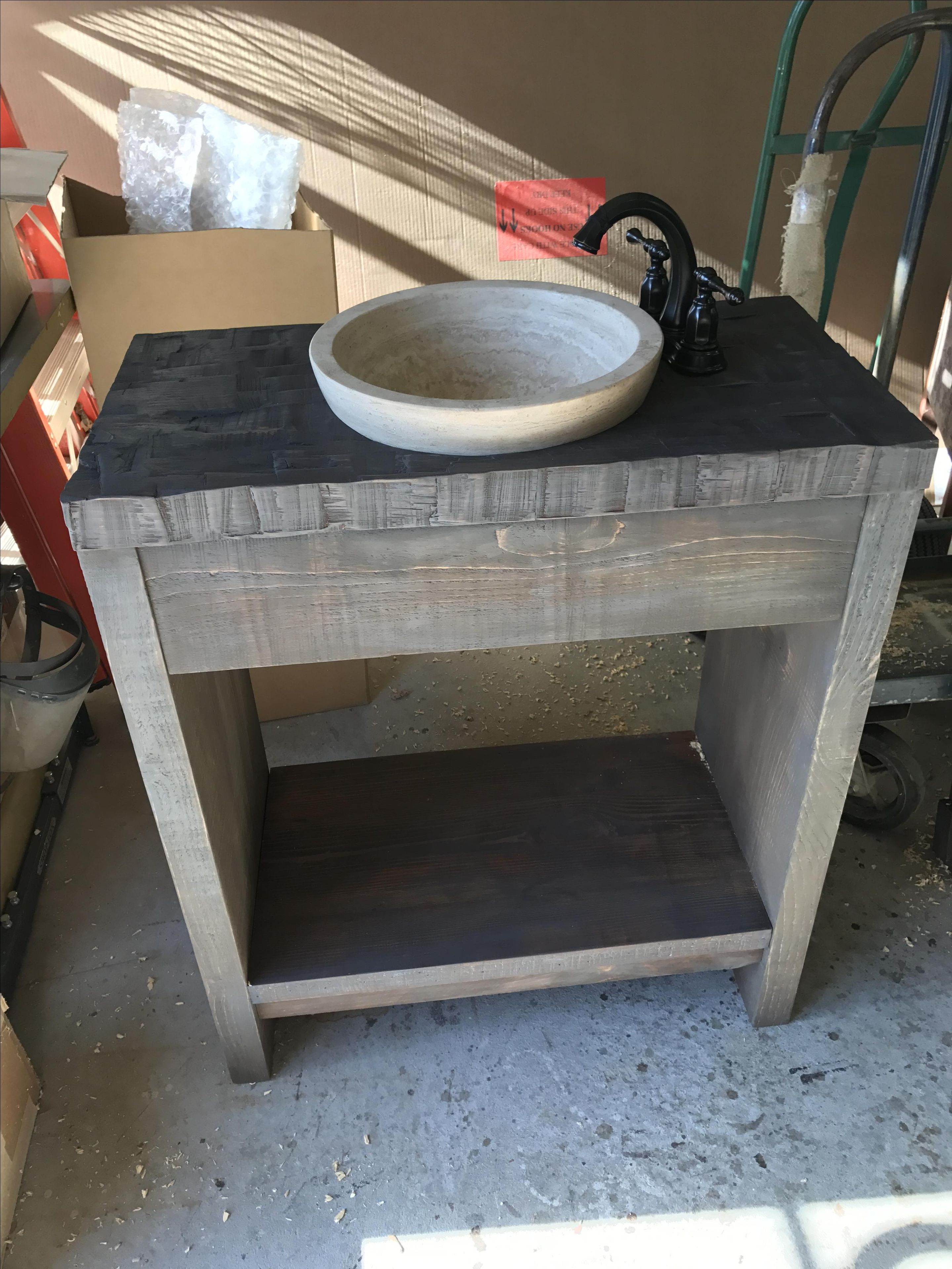 Reclaimed Barnwood Vanity With Travetine Recessed Vessel Sink