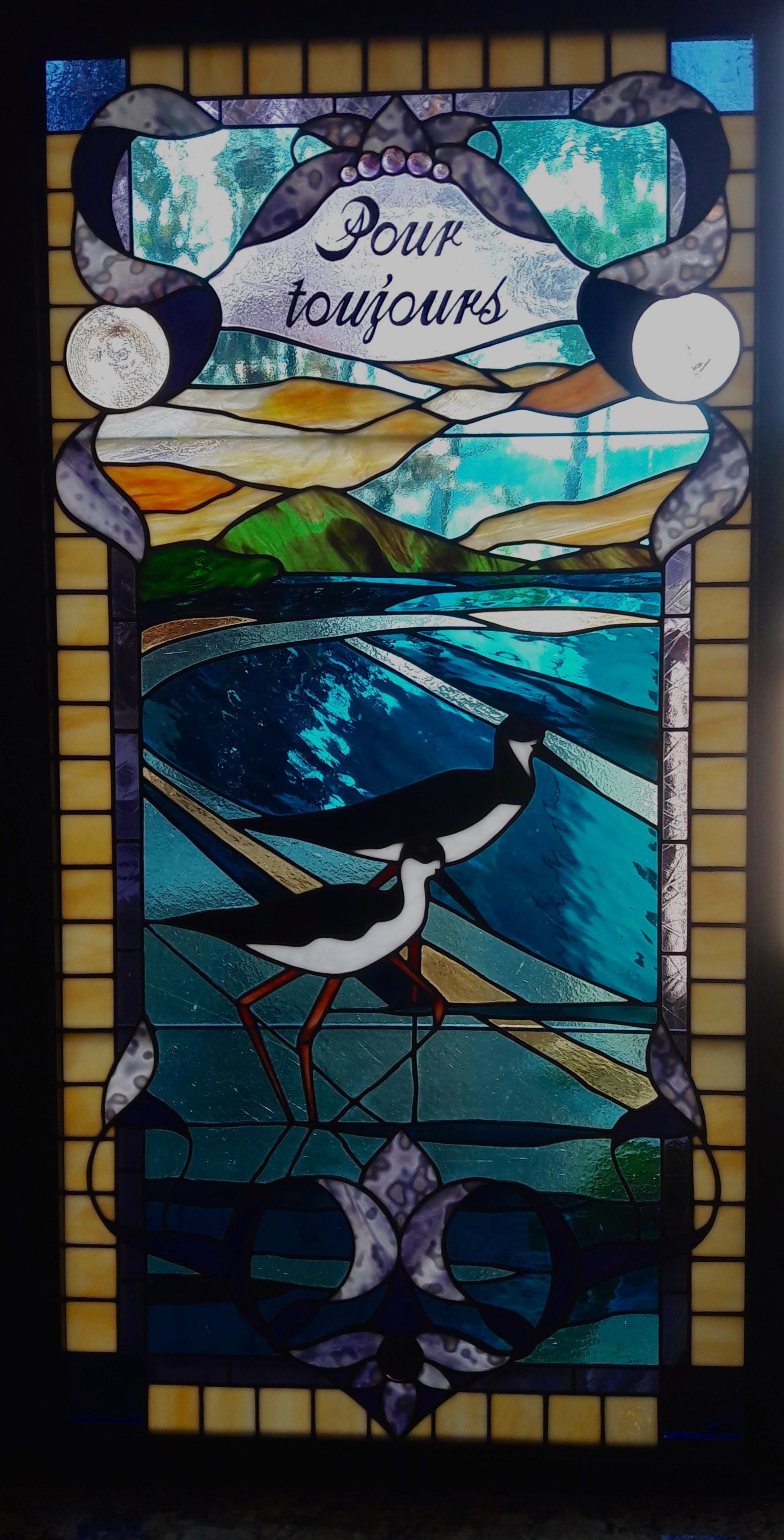 Tropical Victorian Stained Glass Bay Window with Hand Painted Inscription - Ae`O At Maunalua Bay, Sunrise 1