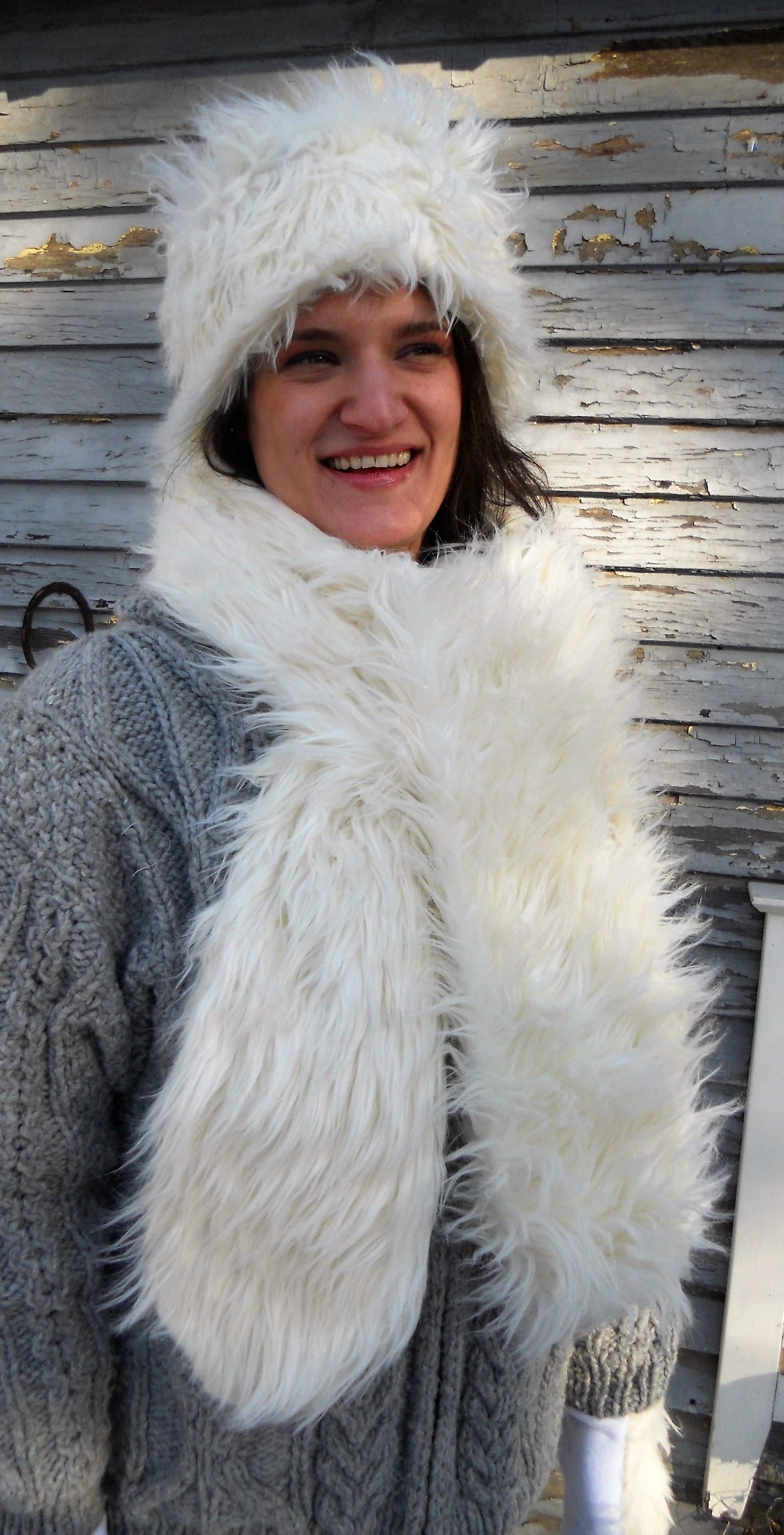 White Faux Fur Hat And Scarf, 72" Long, 6" Wide
