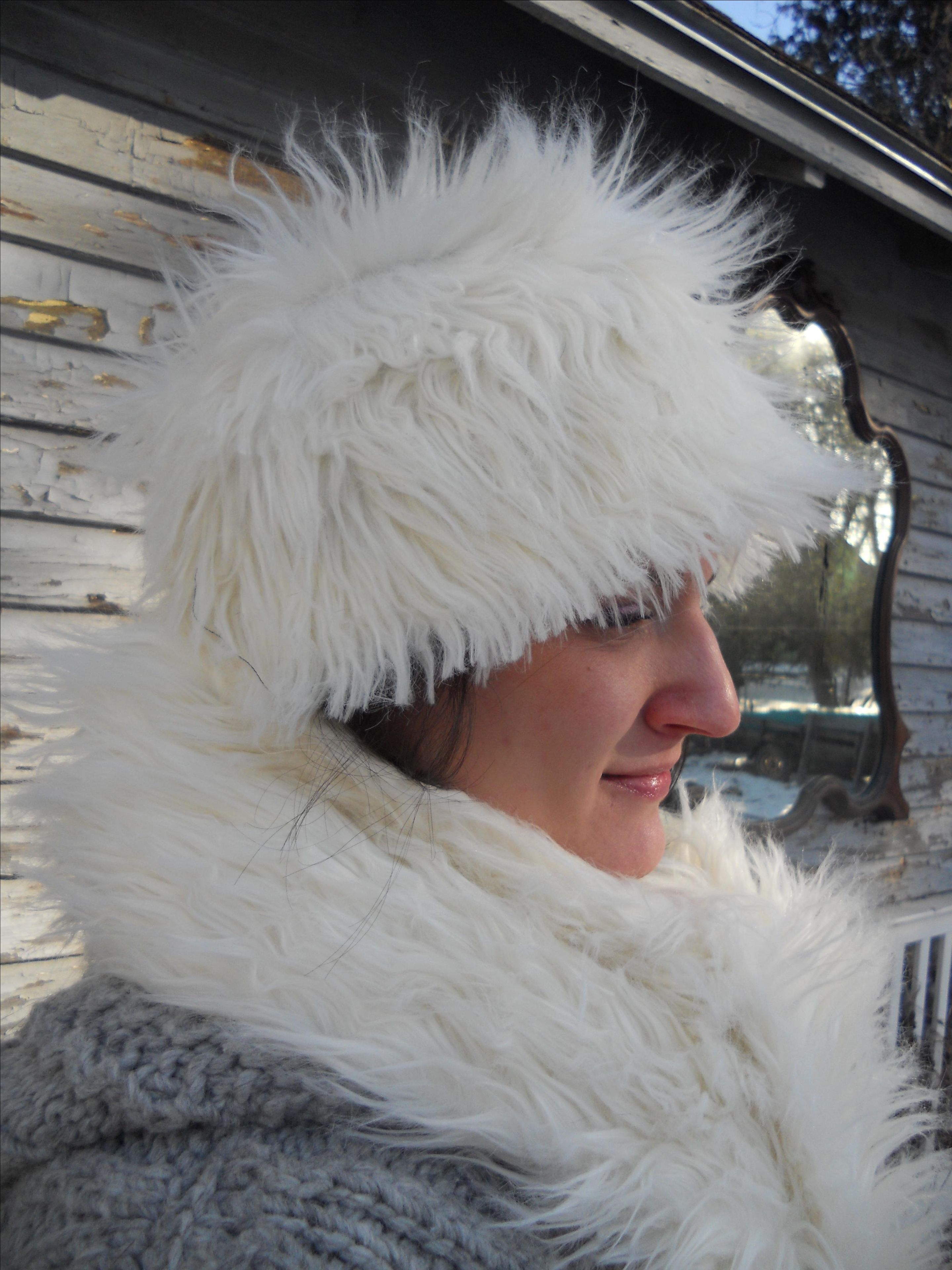 White Faux Fur Hat And Scarf, 72" Long, 6" Wide 2