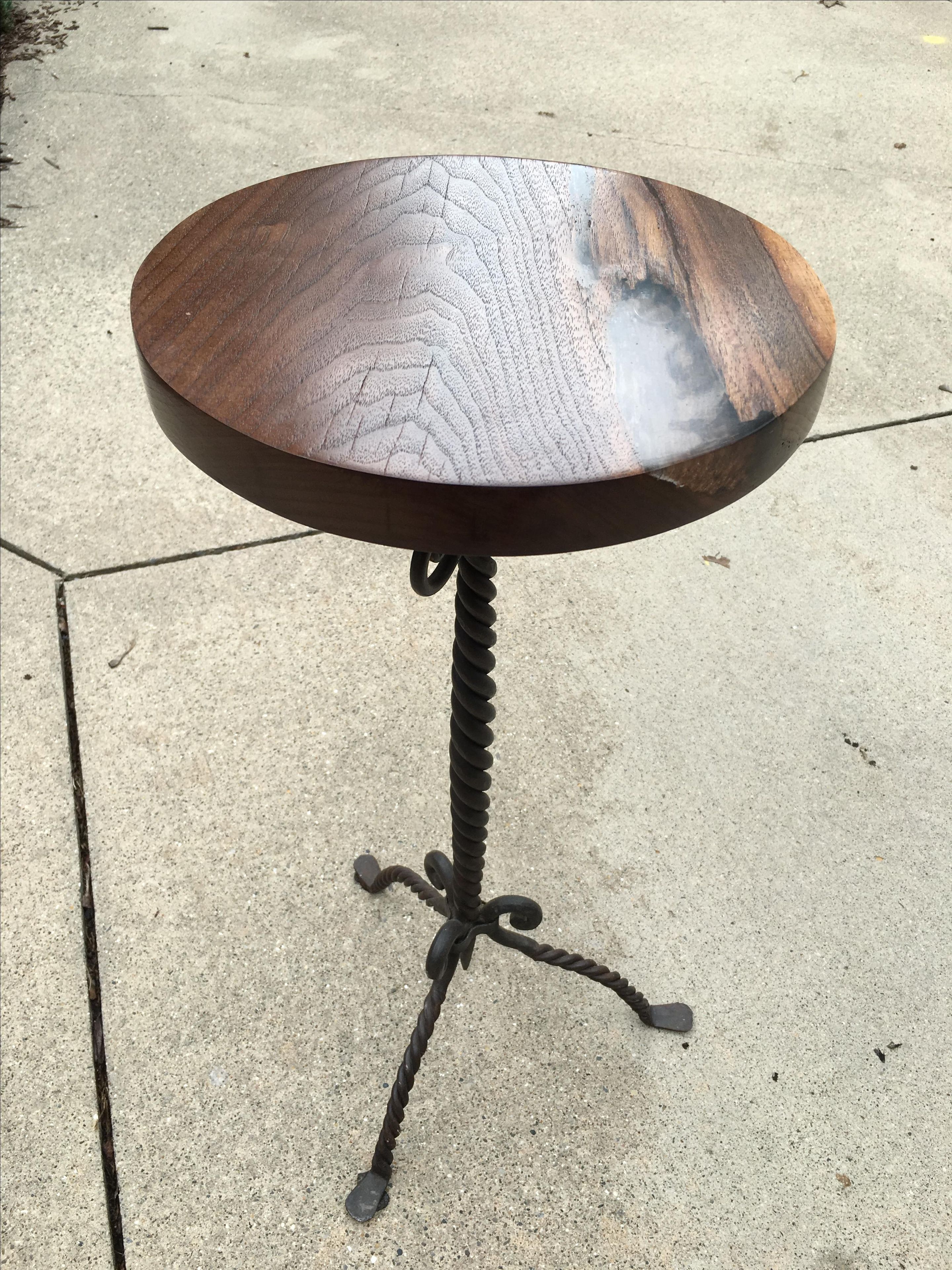 Sold...  Walnut And Wrought Iron Side Table With Acrylic Casting