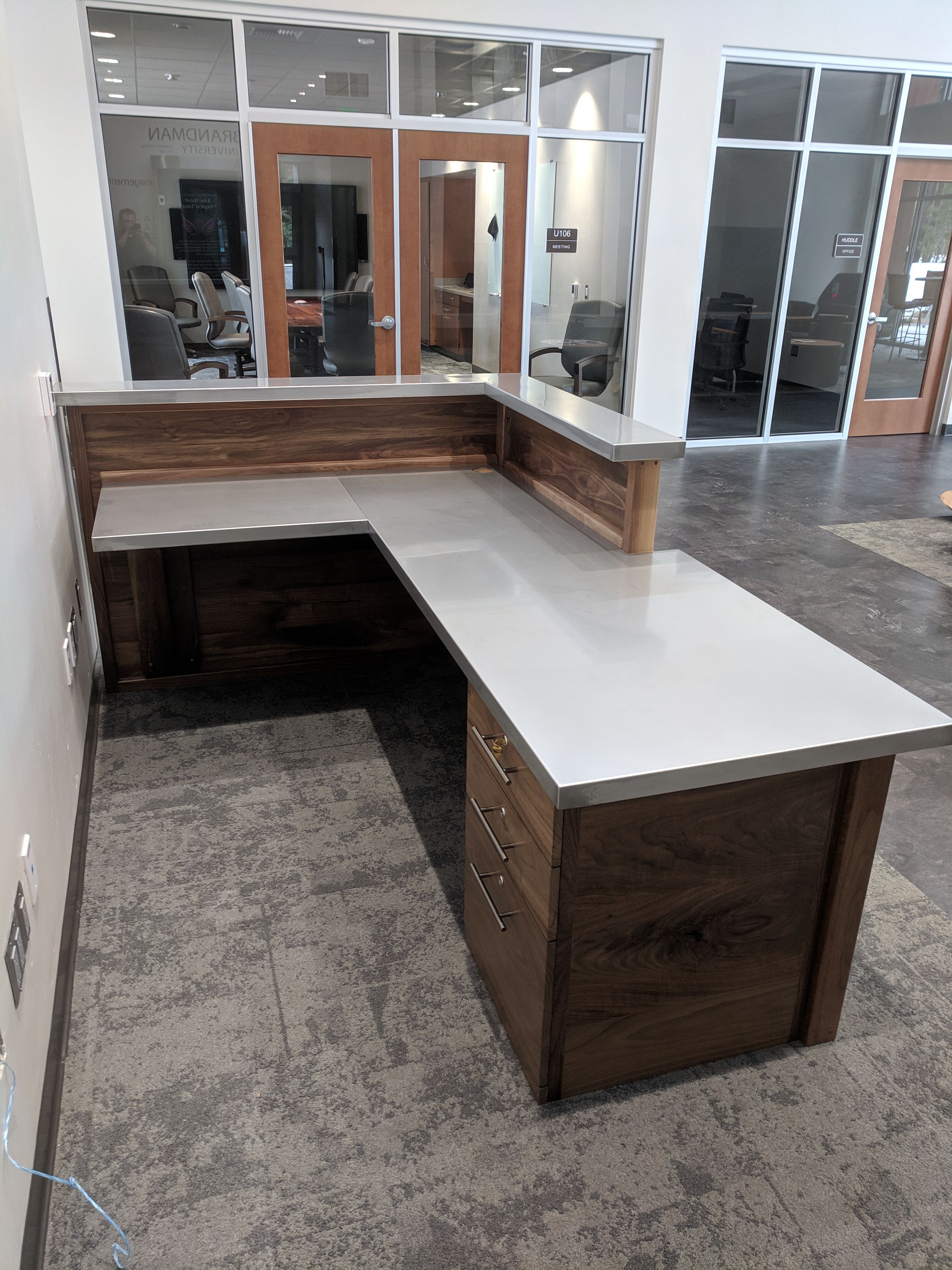 Custom Reception Desk From Walnut And Stainless Steel 6