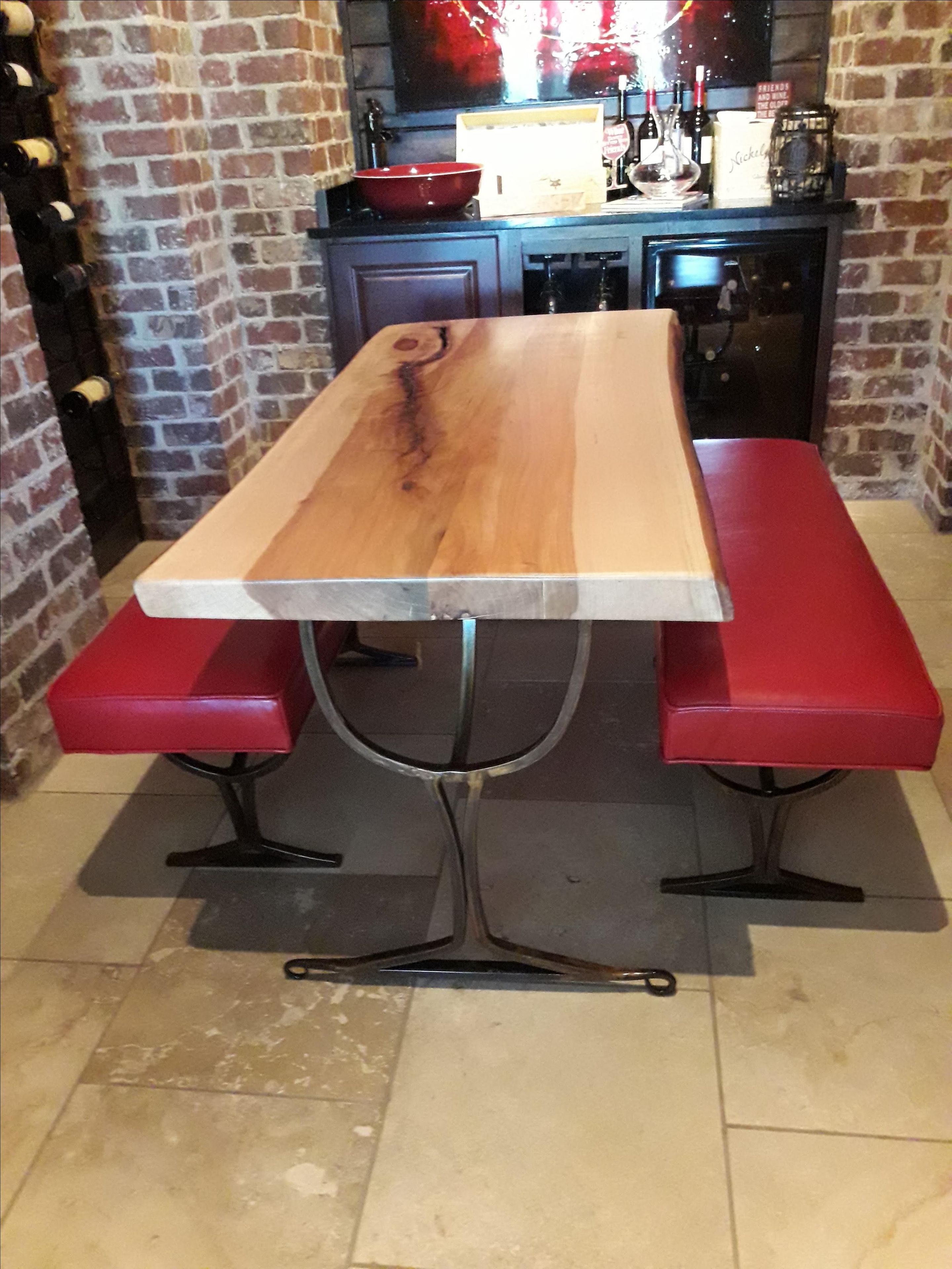 Live Edge Pecan Wine Tasting Table And Authentic Leather Covered Benches 6 