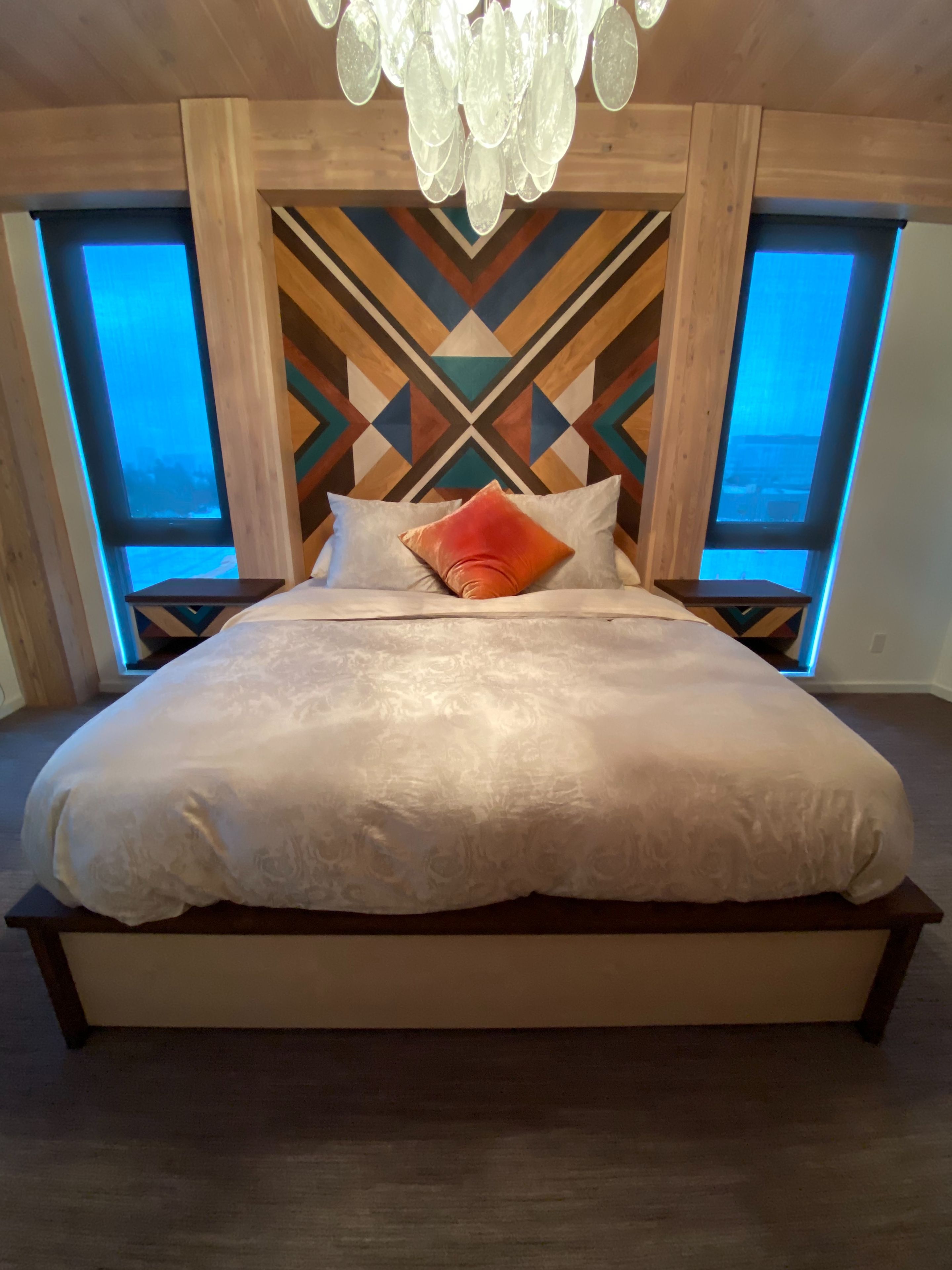 Platform Bed, Geometric Headboard And Nightstands 3 