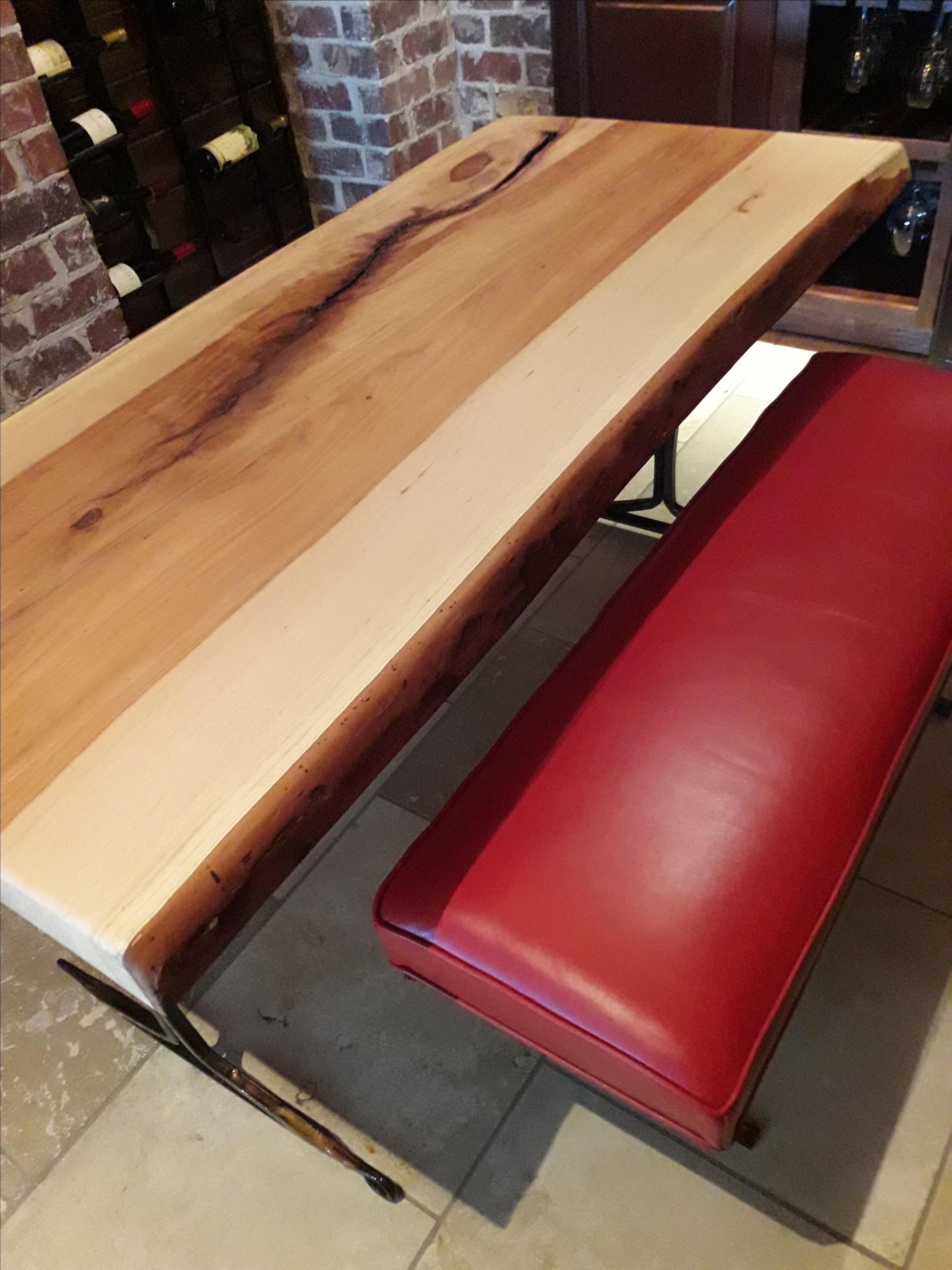 Live Edge Pecan Wine Tasting Table And Authentic Leather Covered Benches 4 