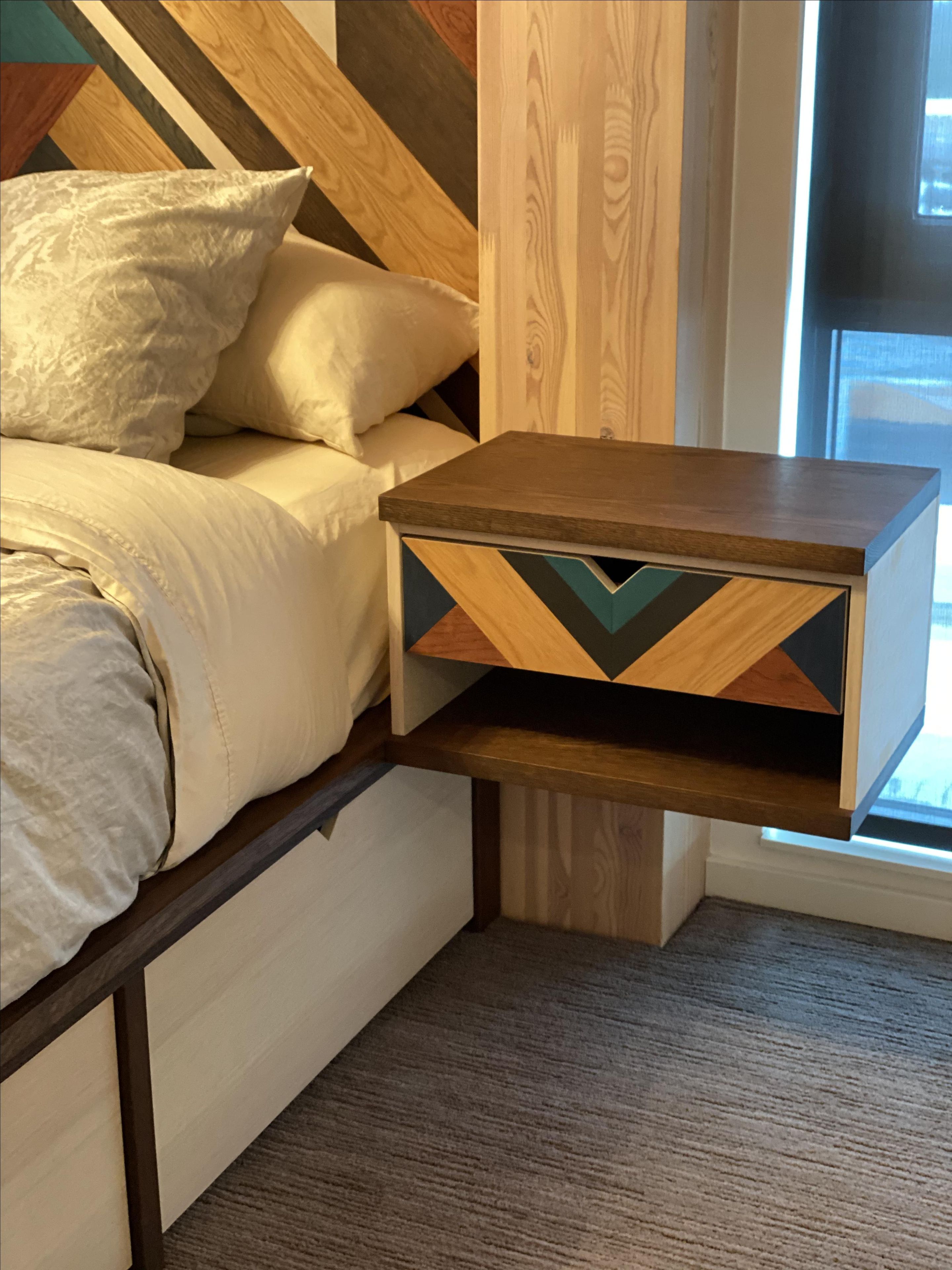 Platform Bed, Geometric Headboard And Nightstands 4 
