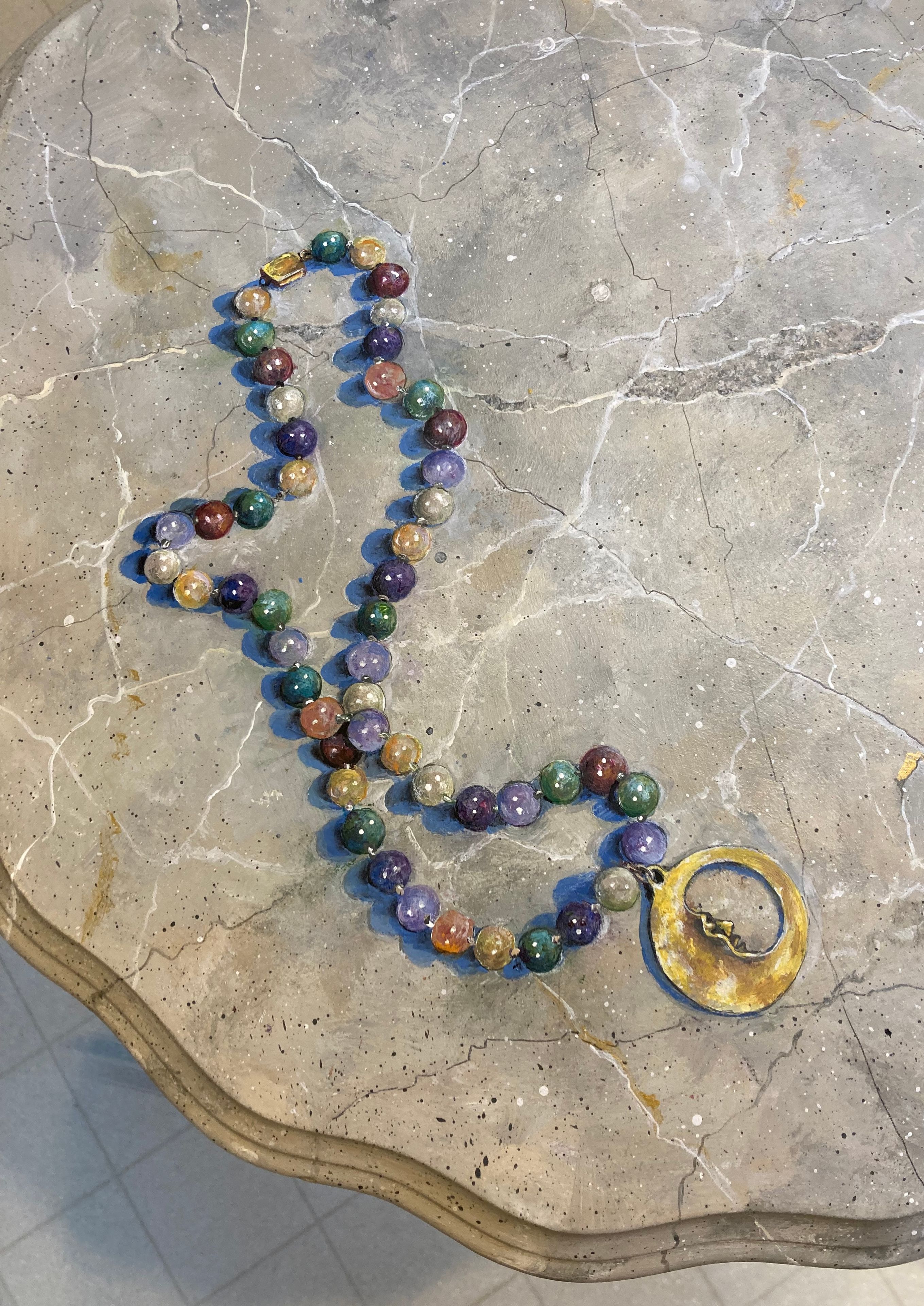 Painted Pedistal Table With Trompe L'Oeil Necklace & Faux Marble