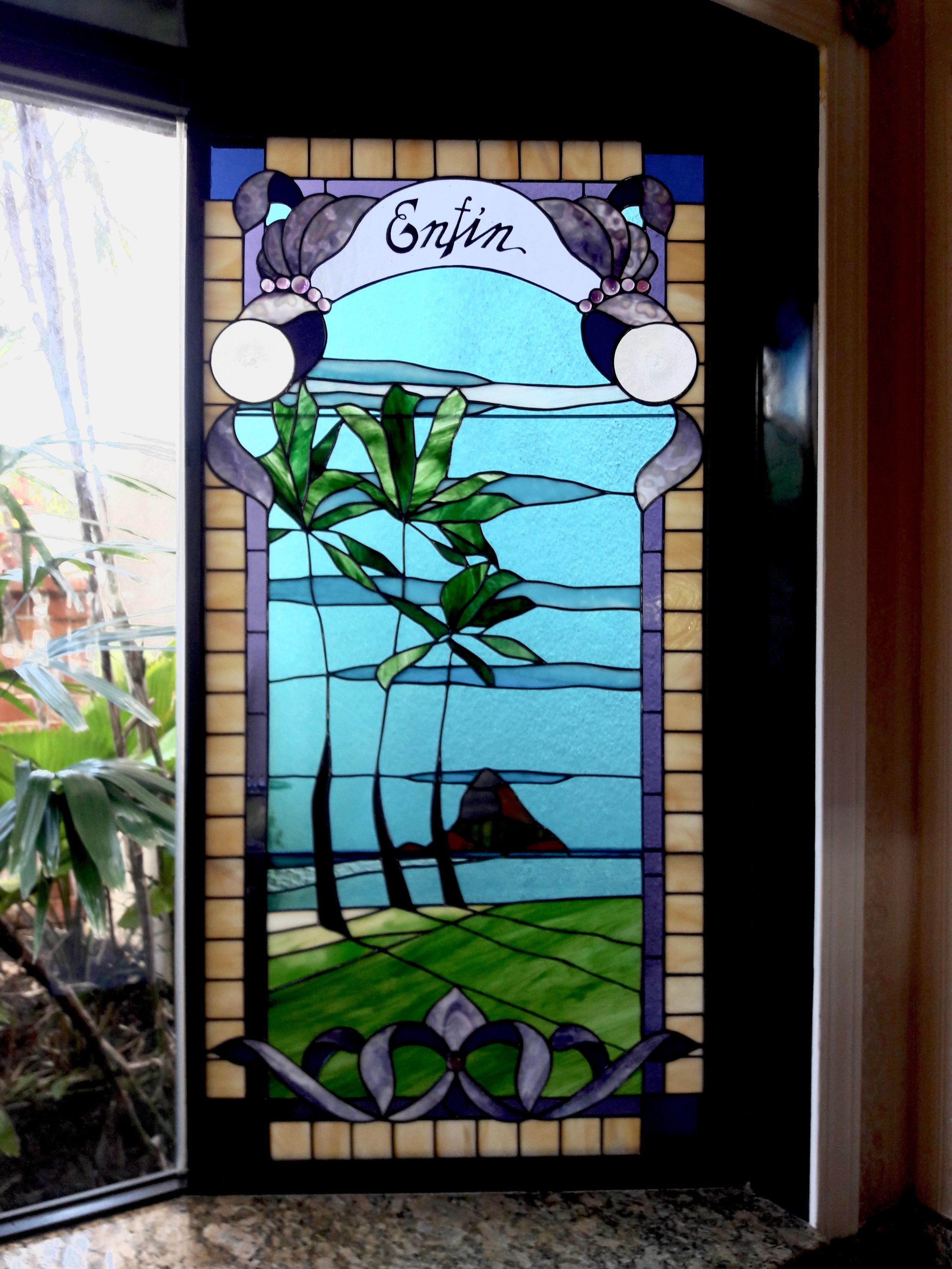 Tropical Victorian Stained Glass Bay Window with Hand Painted Inscription - Mokoli`I 1