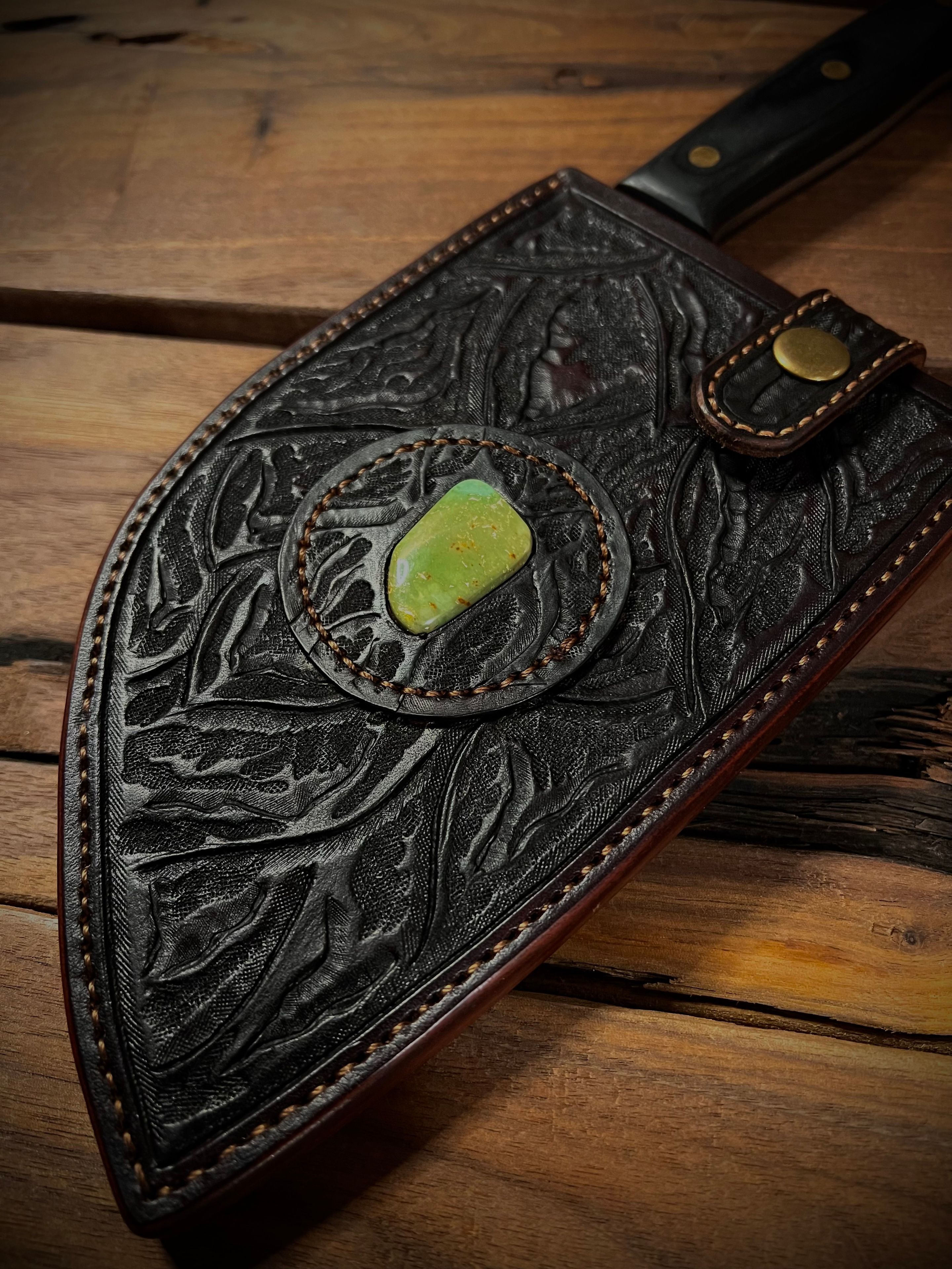 Hand Tooled Custom Leather Knife Sheath - Turquoise Edition