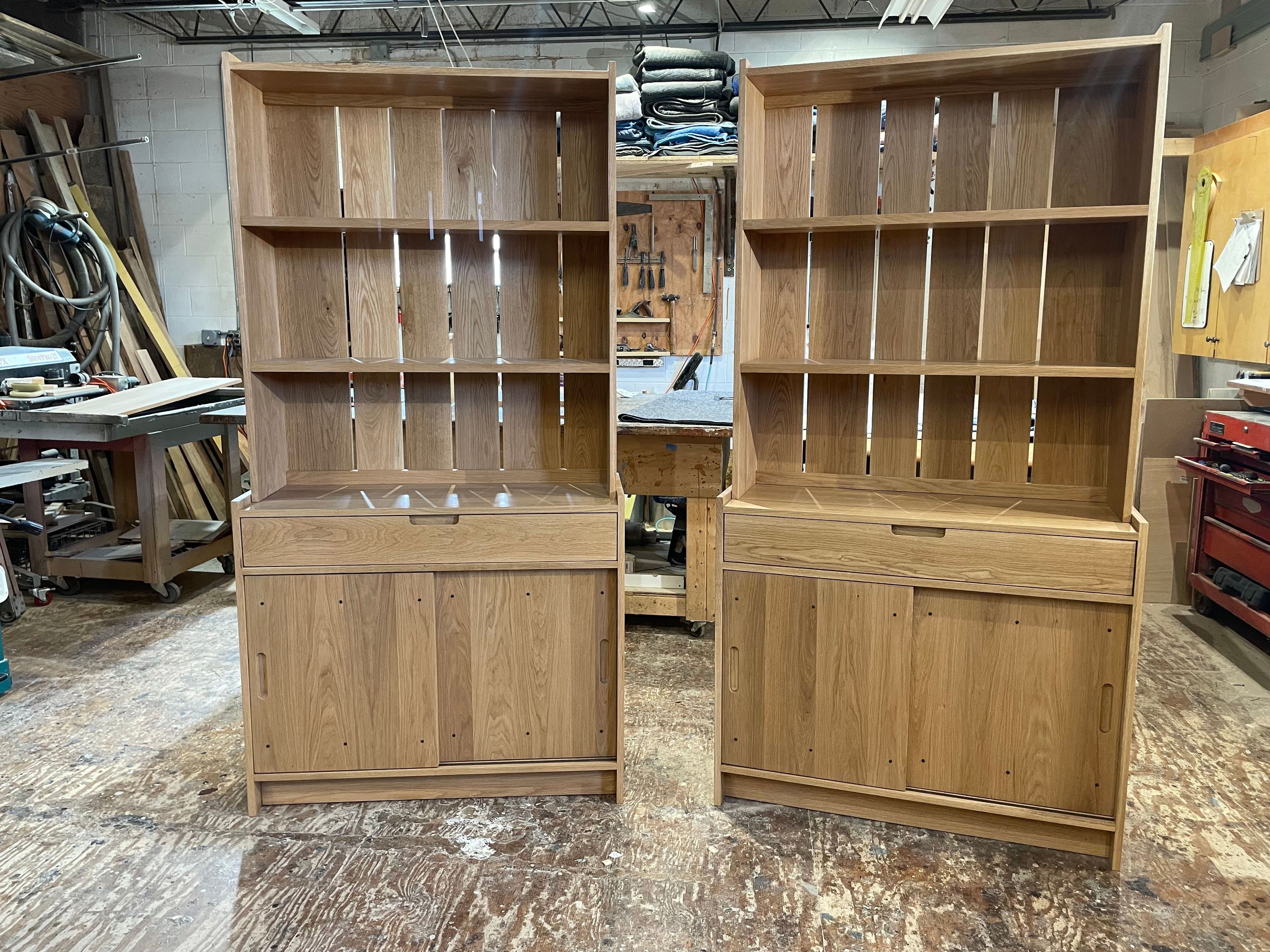 Pair of matching white oak hutches shelving cabinets