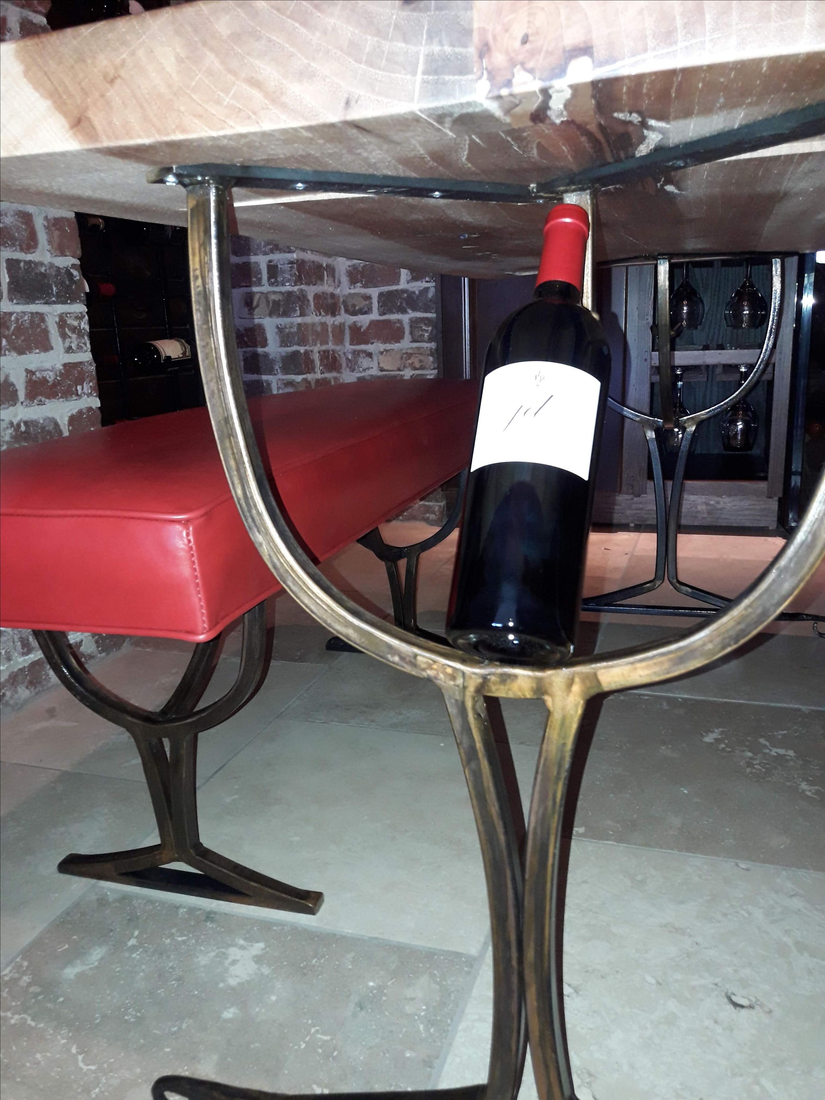 Live Edge Pecan Wine Tasting Table And Authentic Leather Covered Benches 2 
