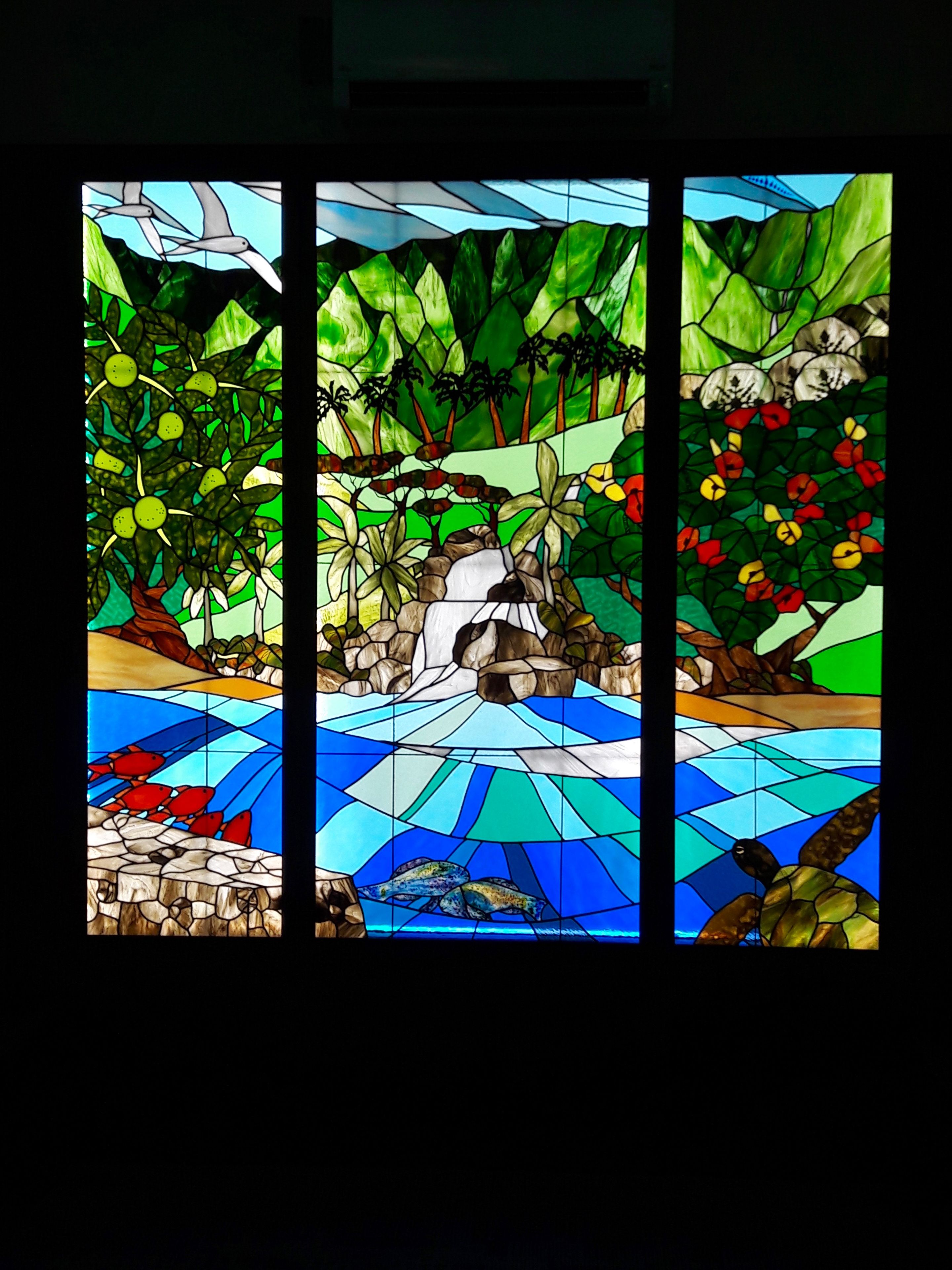 Tropical Stained Glass Prayer Room Wall Installation with Fused Glass Elements - Kealaula 1