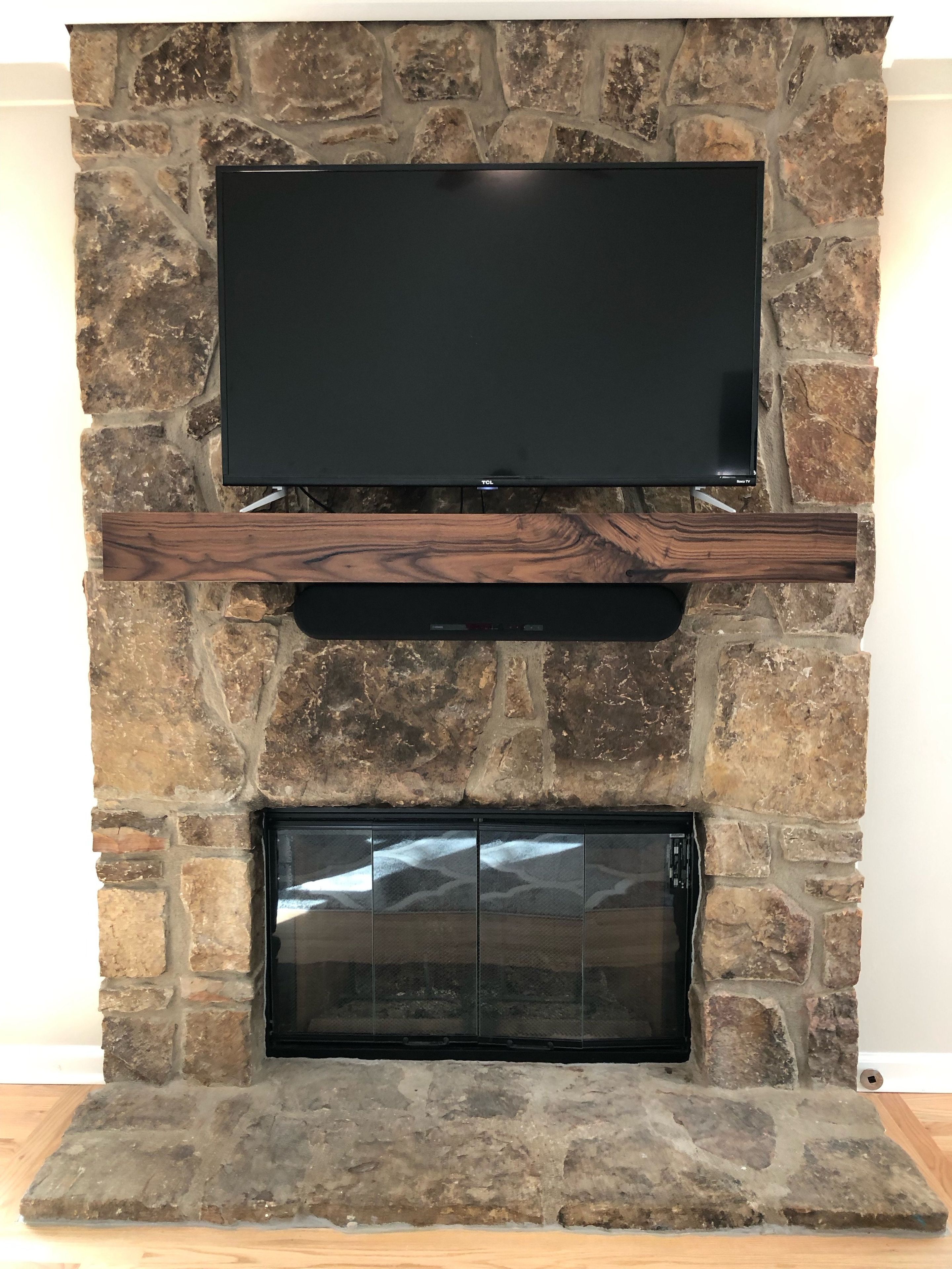 Hidden Storage Mantel, Knotted Walnut Fireplace Mantel With Drop Front Media Storage 2