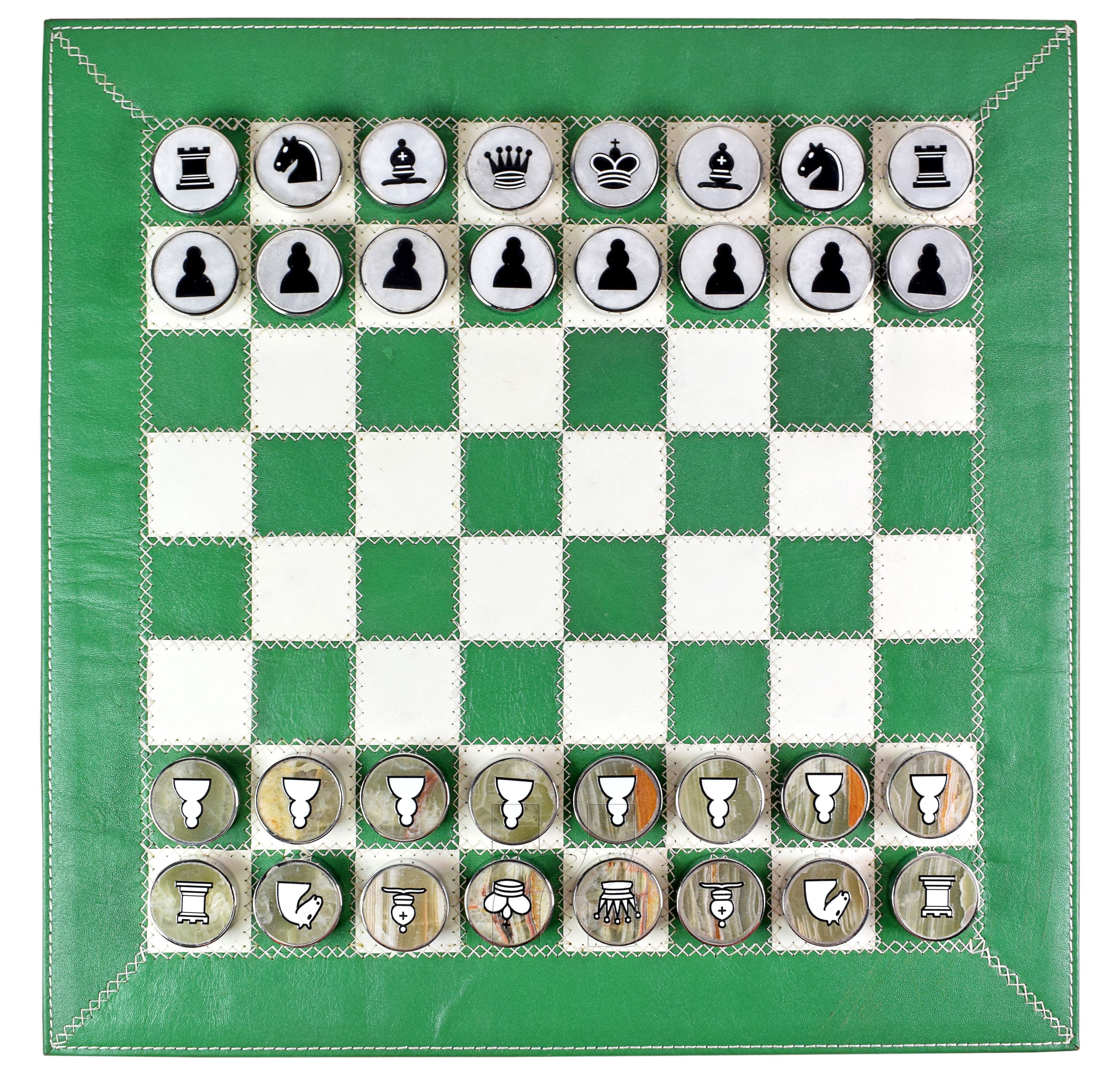 Splash Green Leather Roll-Up Chess Set with Zig-Zag Stitching – Marble Checkers with Metallic Edge & Leather Storage Tube 2 