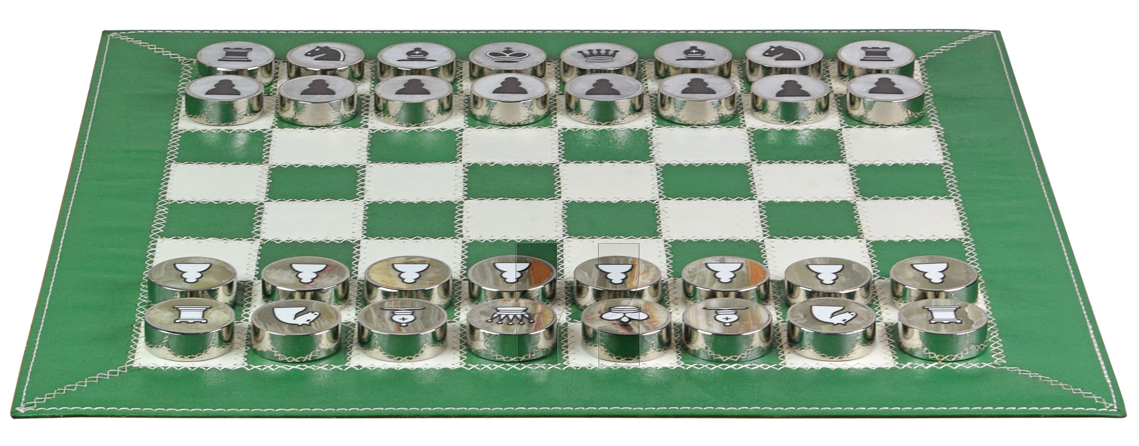 Splash Green Leather Roll-Up Chess Set with Zig-Zag Stitching – Marble Checkers with Metallic Edge & Leather Storage Tube 3 