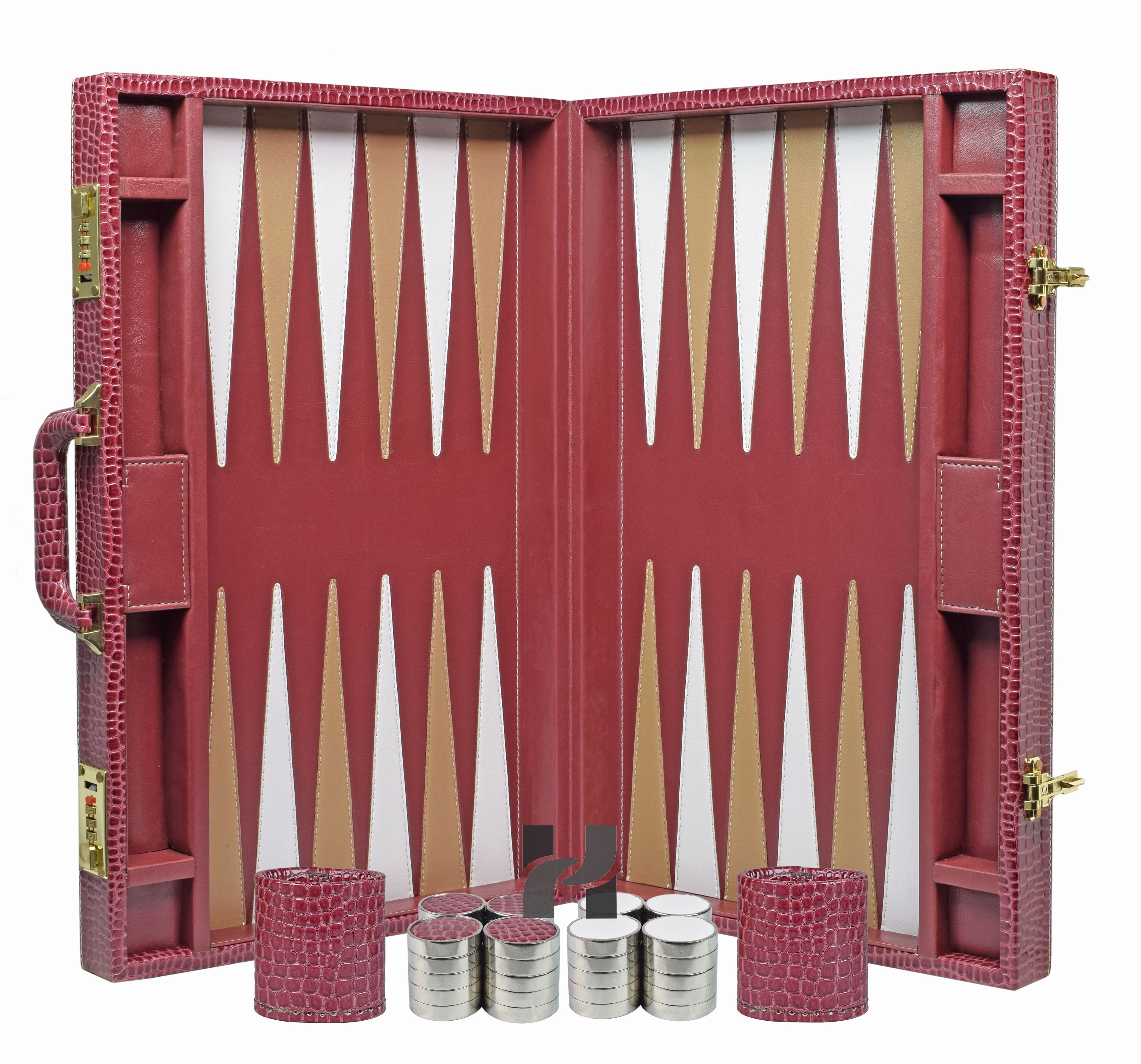 Luxury Burgundy Faux Leather Attache Backgammon Set | Inlaid Playing Points | Metallic Checkers and Matching Dice Cups