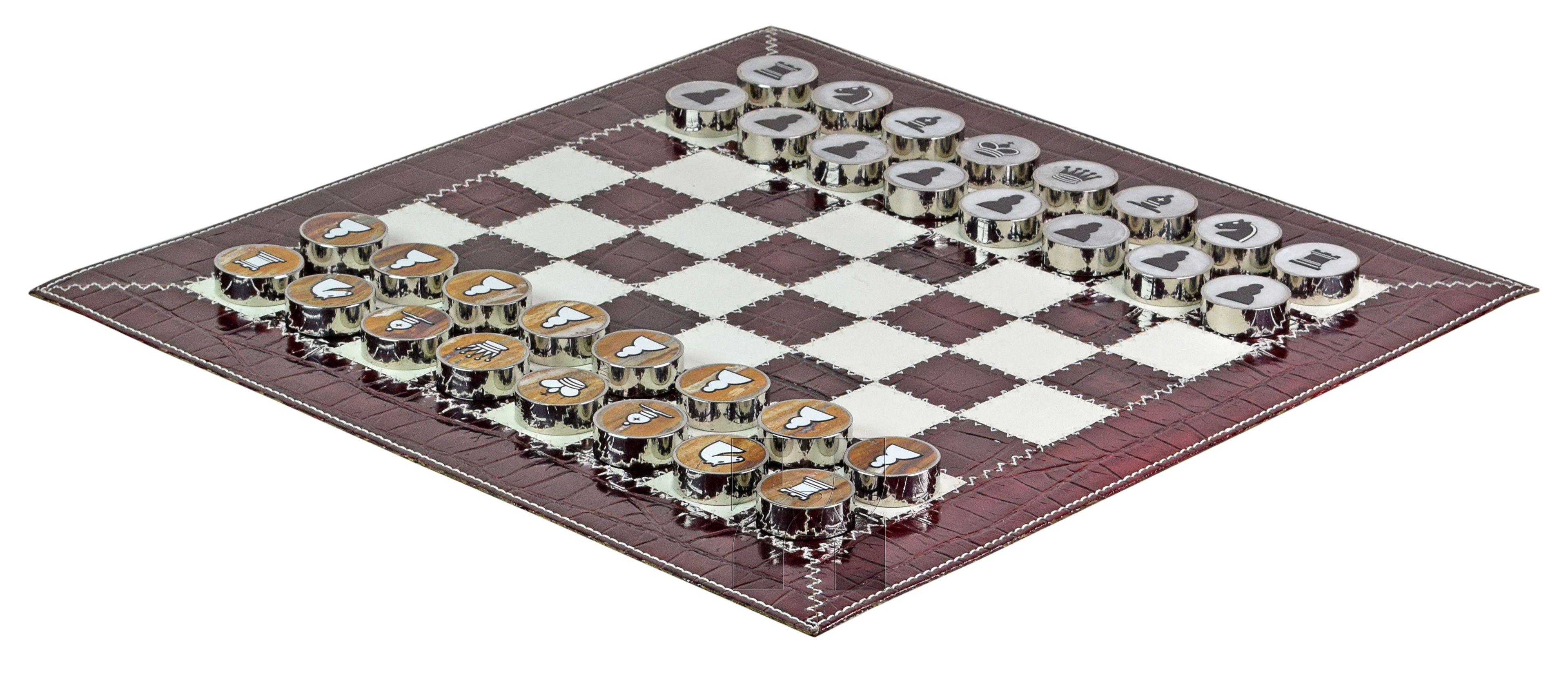 Luxury Burgundy Crocodile Textured Leather Roll-Up Chess Set – Marble Checkers with Metallic Edges & Leather Storage Tube