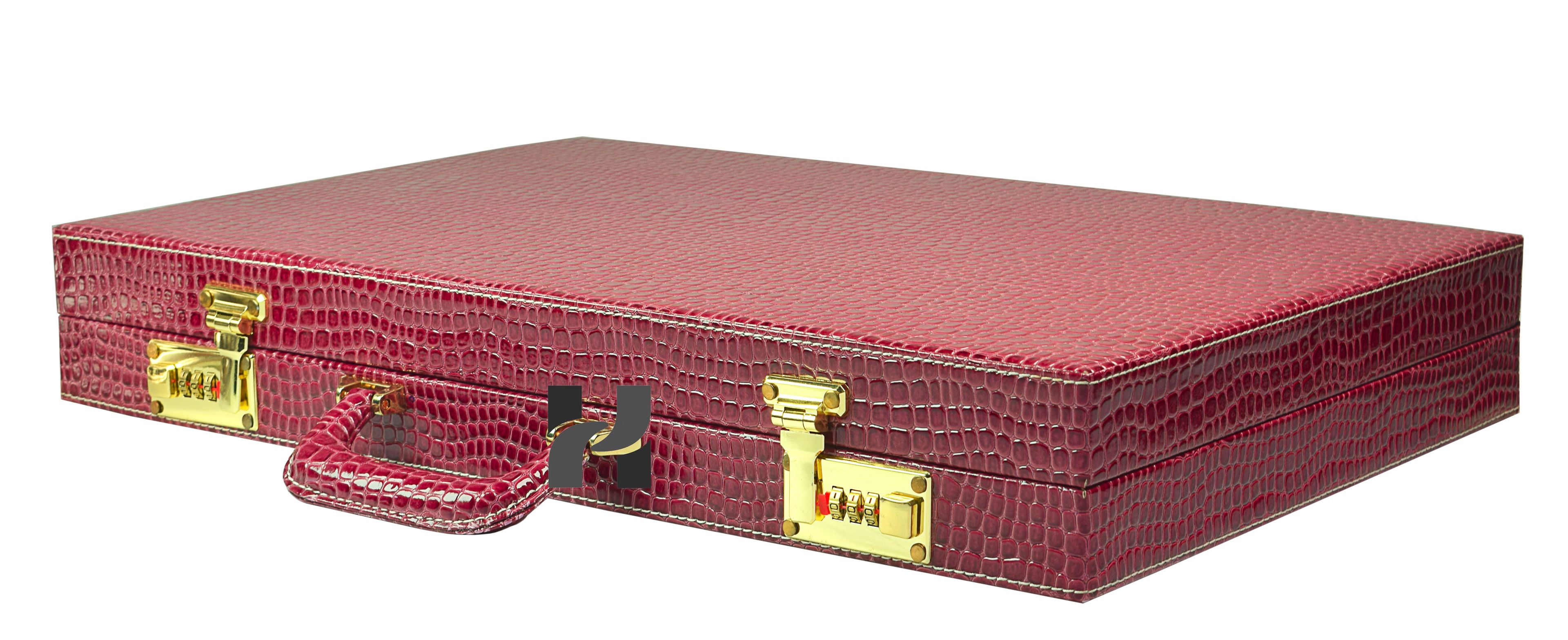 Luxury Burgundy Faux Leather Attache Backgammon Set | Inlaid Playing Points | Metallic Checkers and Matching Dice Cups 4 