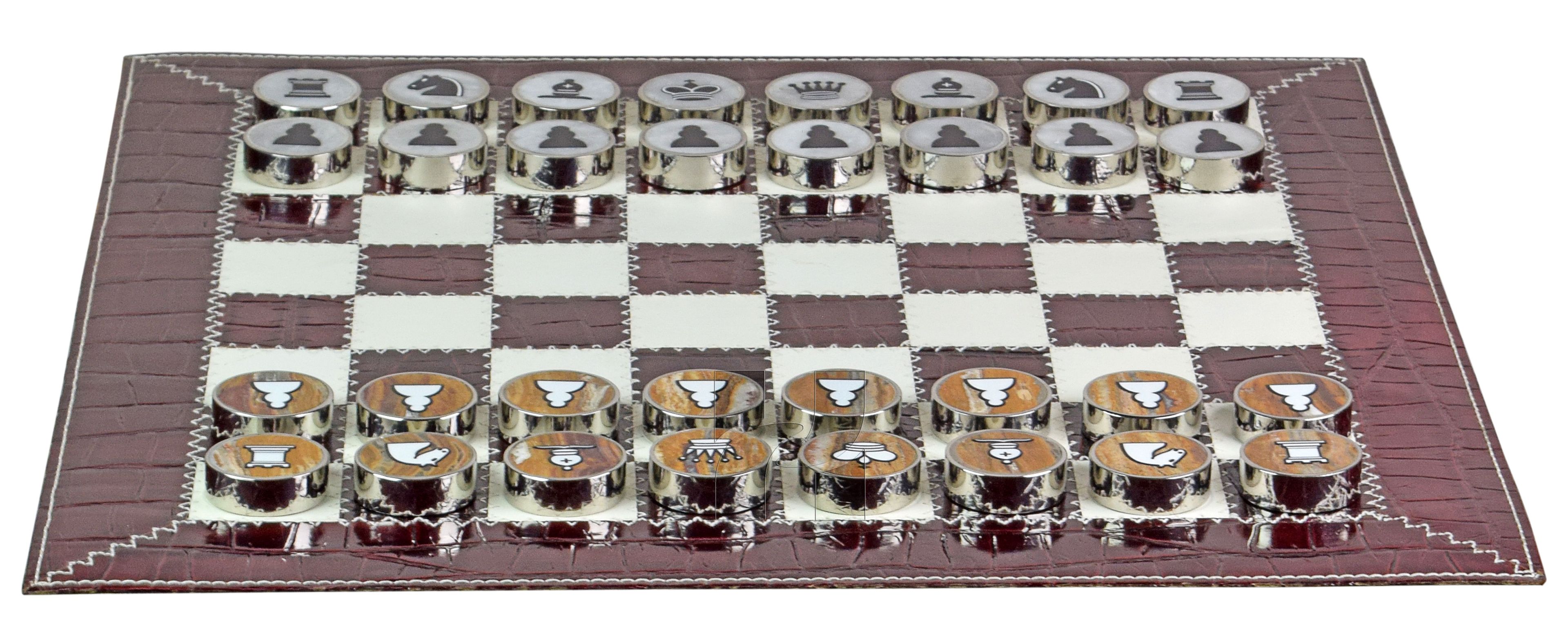 Luxury Burgundy Crocodile Textured Leather Roll-Up Chess Set – Marble Checkers with Metallic Edges & Leather Storage Tube 4 