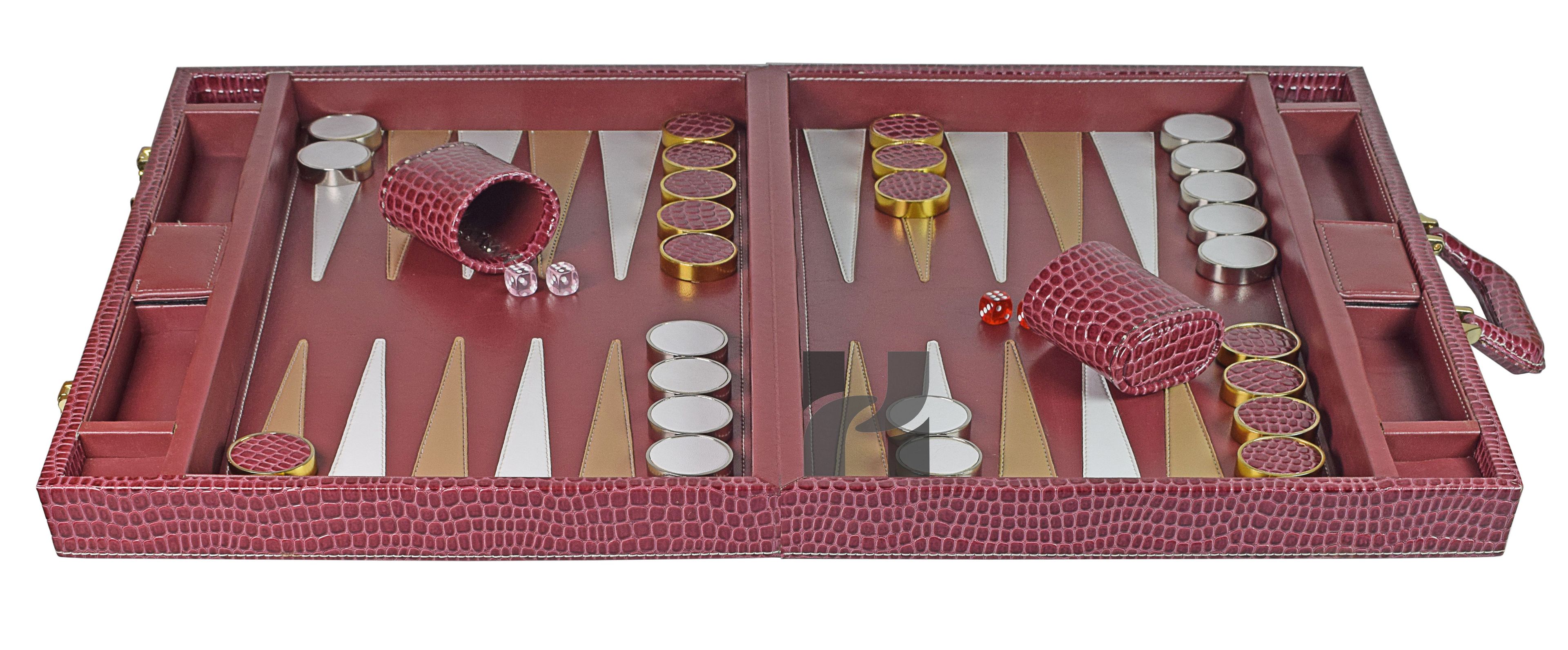 Luxury Burgundy Faux Leather Attache Backgammon Set | Inlaid Playing Points | Metallic Checkers and Matching Dice Cups 5 