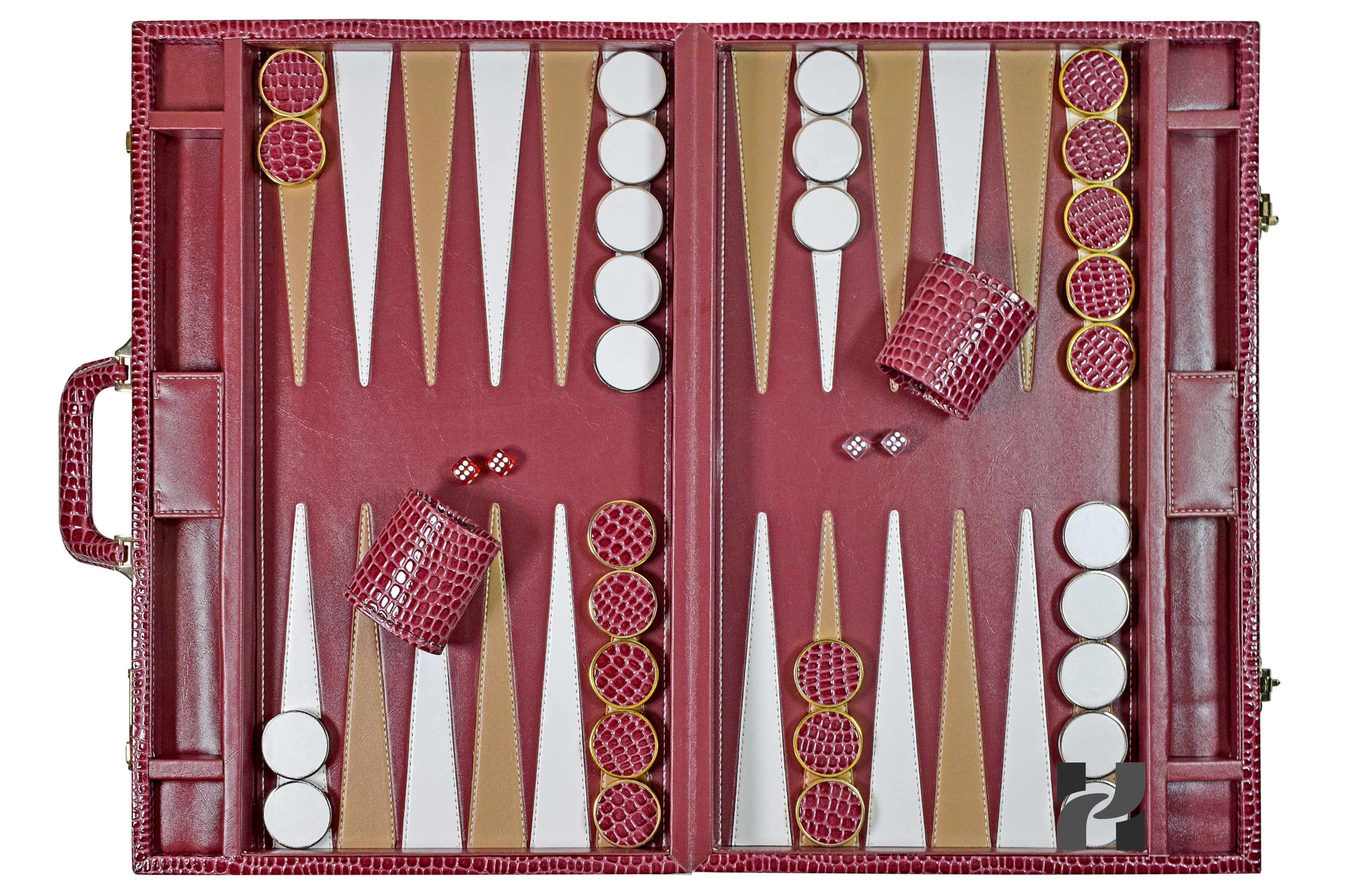 Luxury Burgundy Faux Leather Attache Backgammon Set | Inlaid Playing Points | Metallic Checkers and Matching Dice Cups 2 